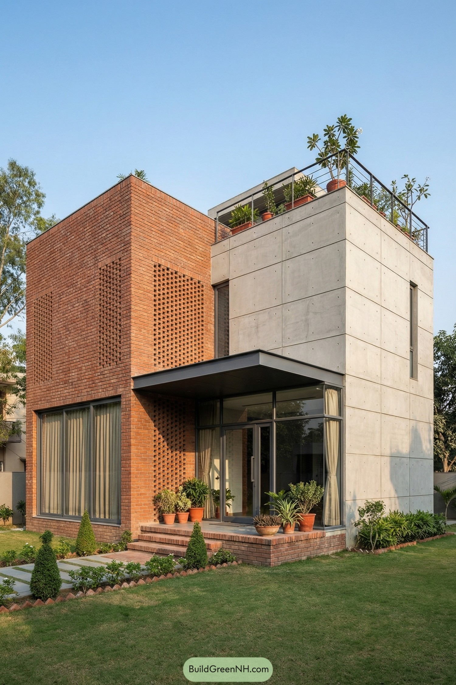 Modern brick and concrete house with breezeblock screens and rooftop garden