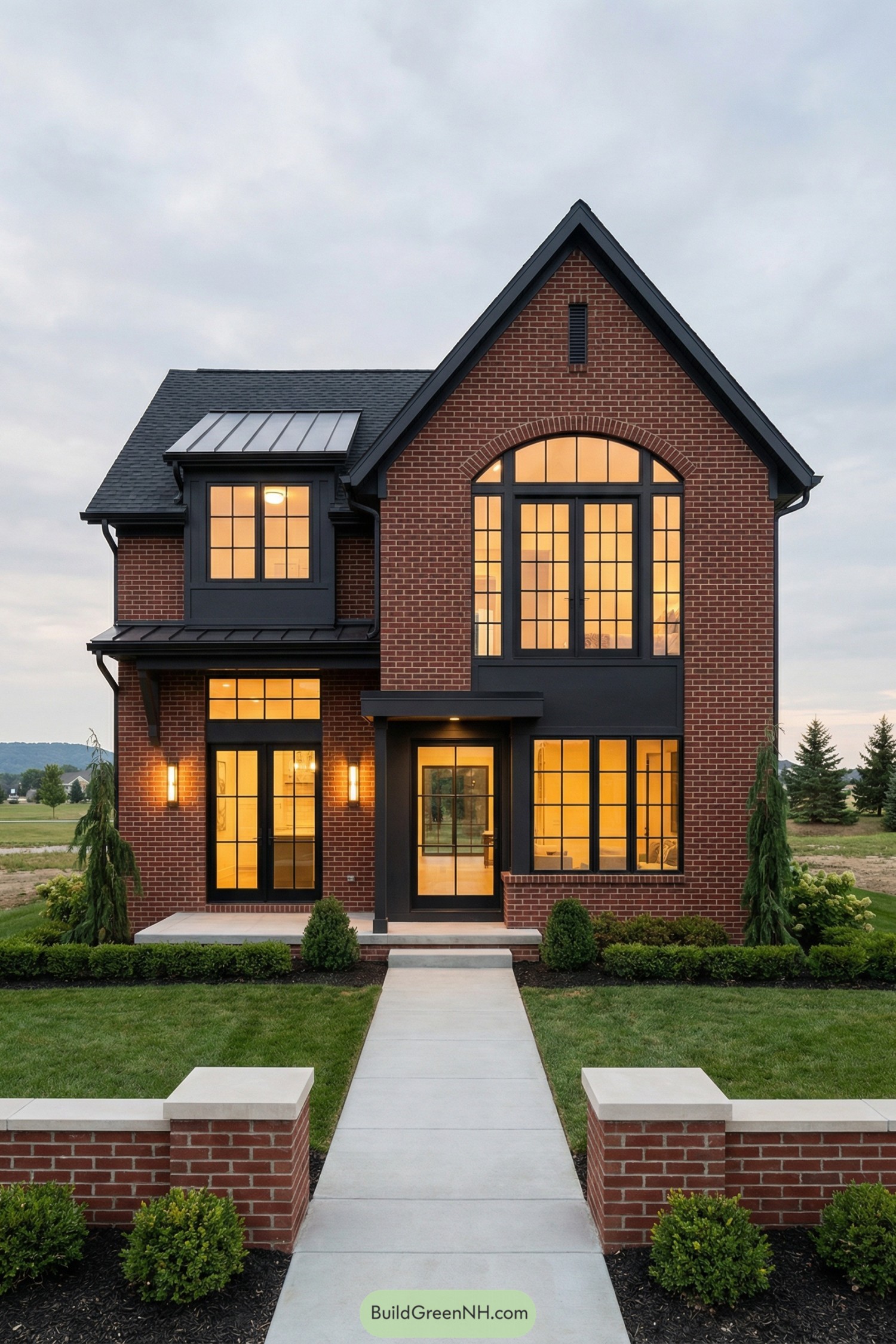 Modern brick house with black-framed arched windows and warm interior lighting