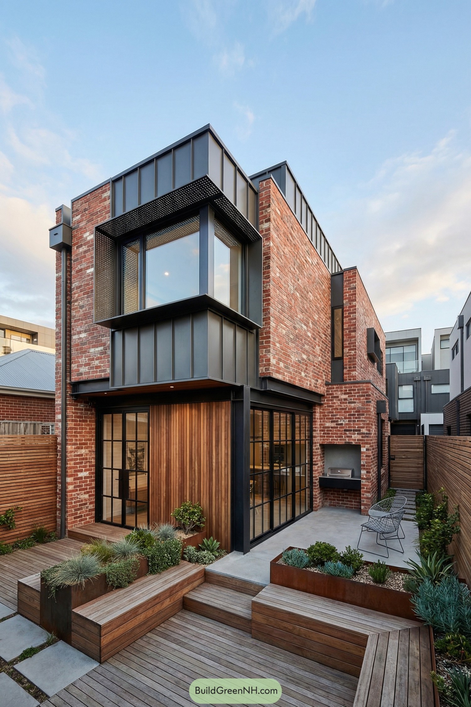 Modern brick townhouse with steel cornice and tiered timber courtyard