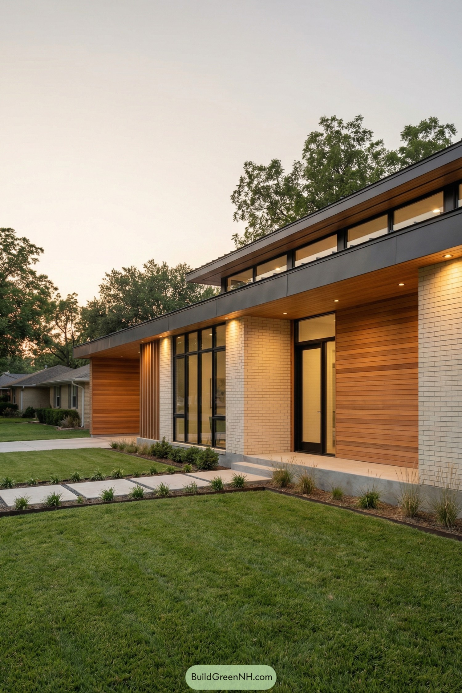 Modern brick house with wood siding and clerestory windows at dusk