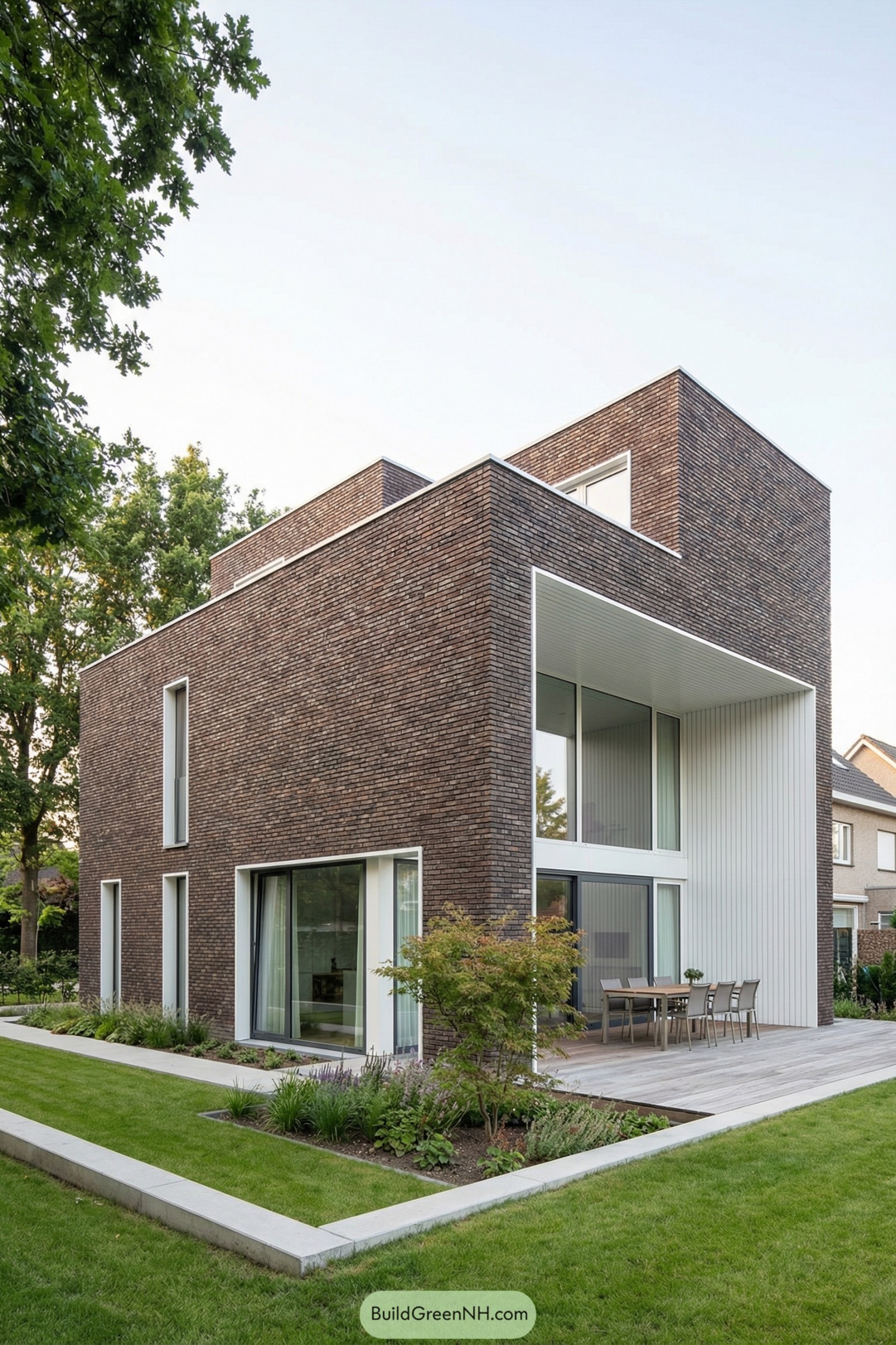 Modern brick house with deep cantilevered terrace and tall windows