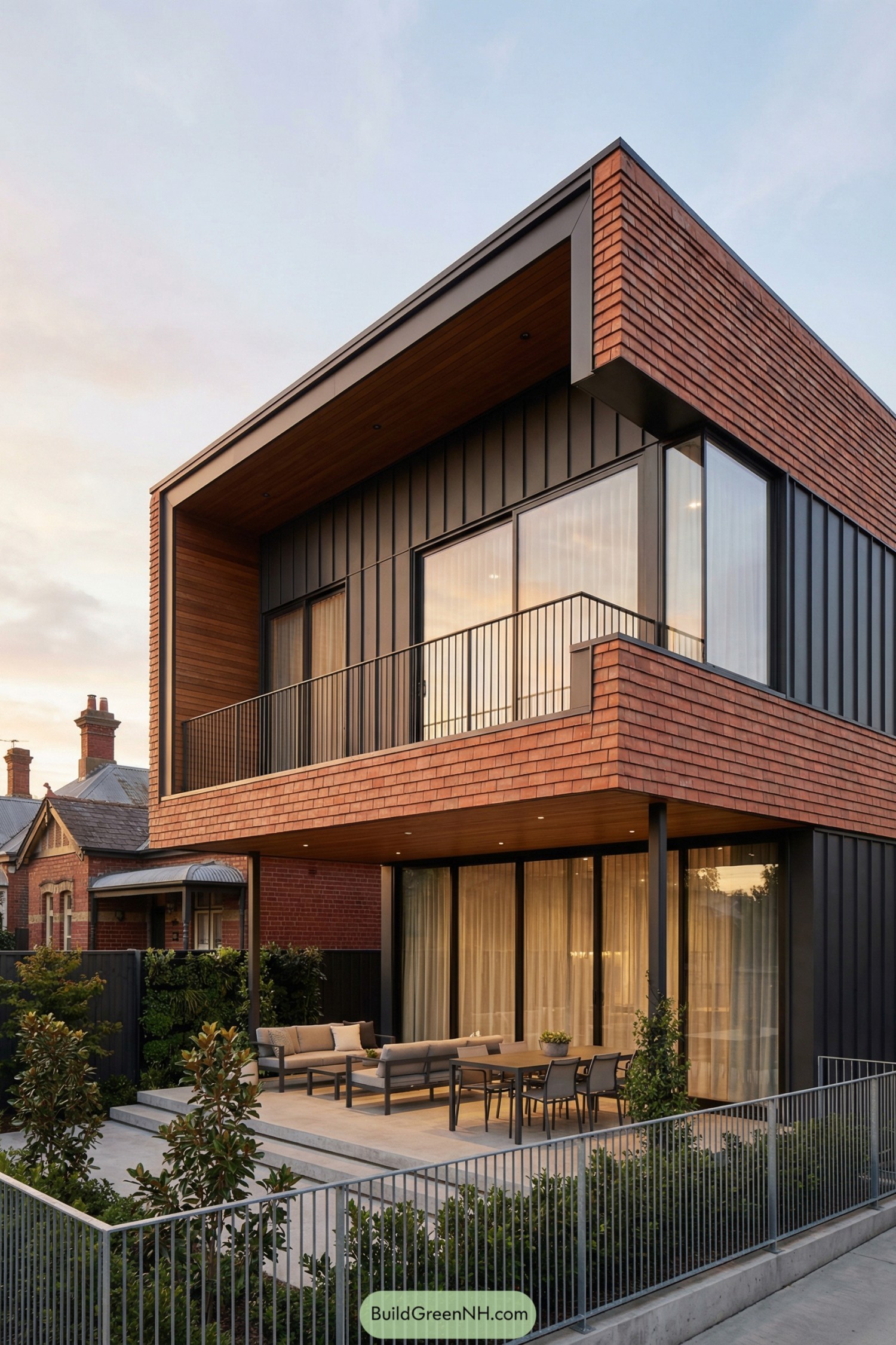 Two-story modern brick house with cantilevered balcony and wood-lined soffits at sunset