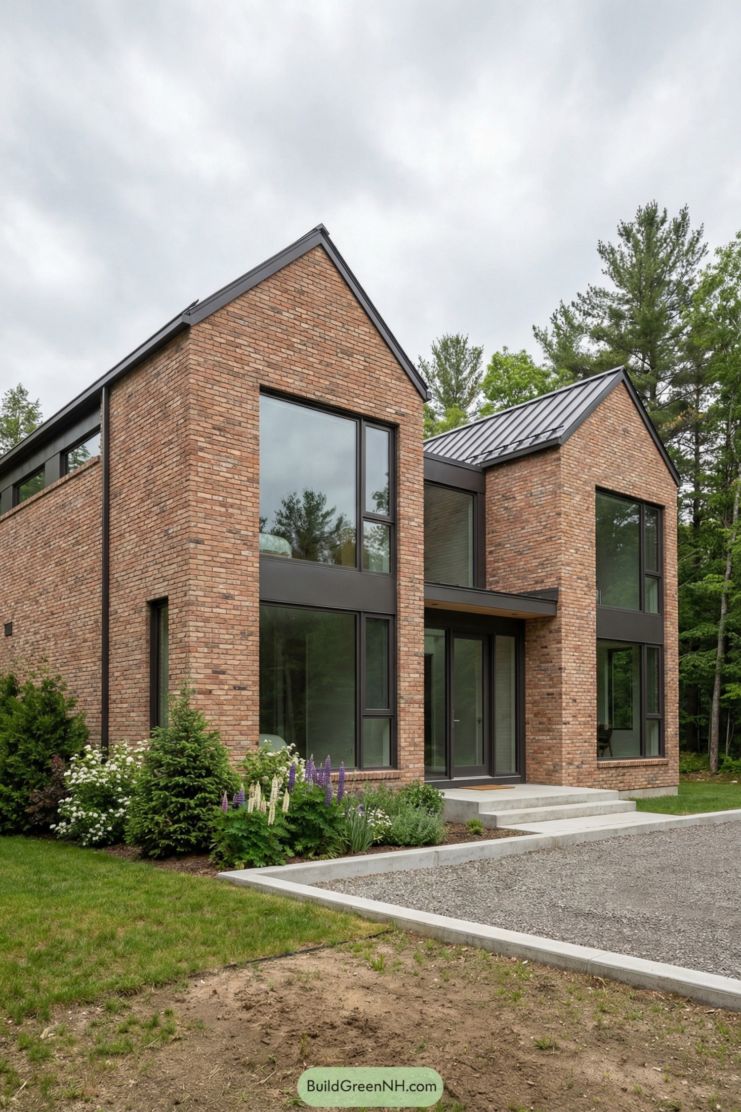 Modern brick house with twin gables and large windows