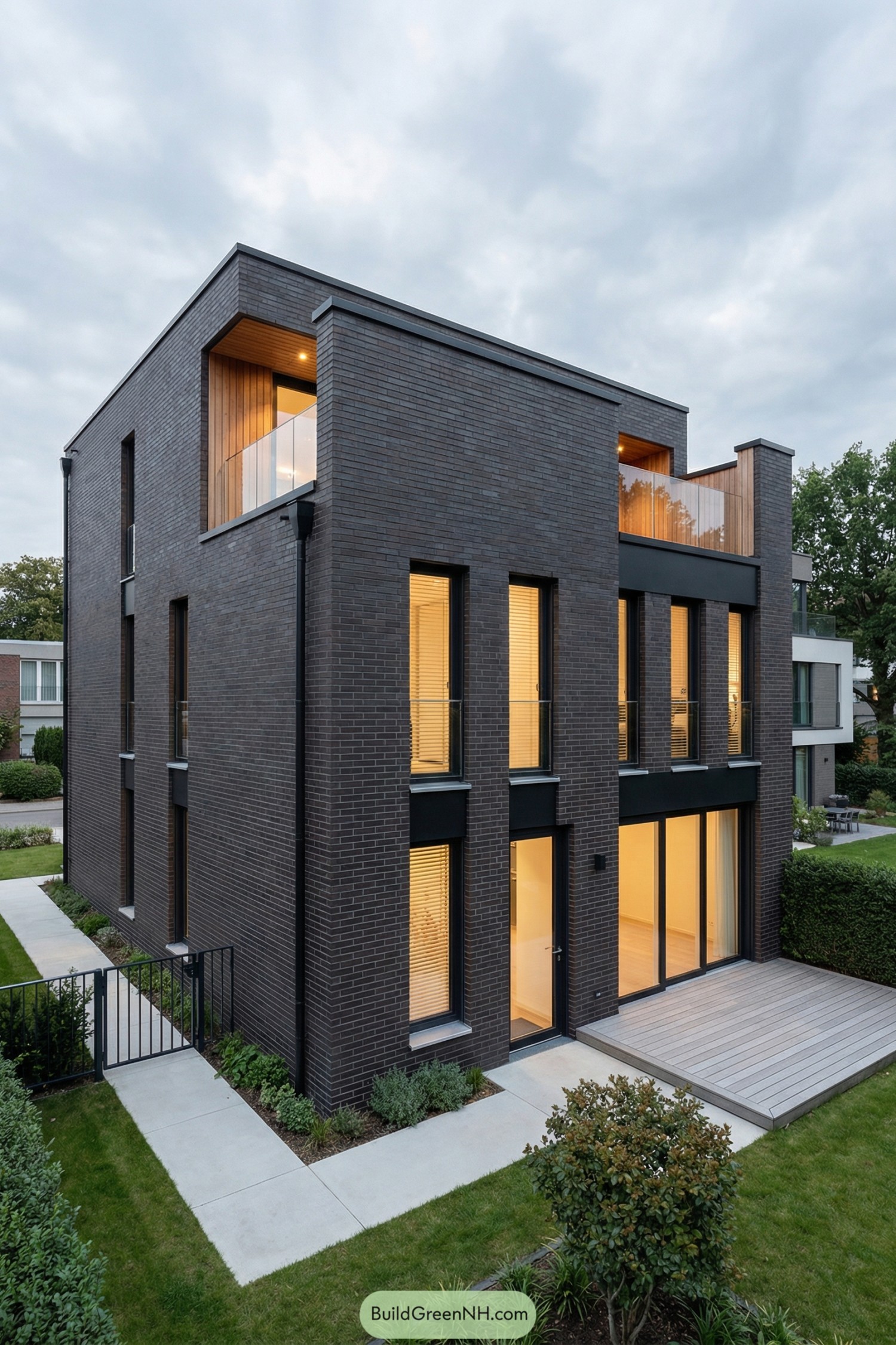 Dark brick modern house with warm-lit windows and two recessed terraces