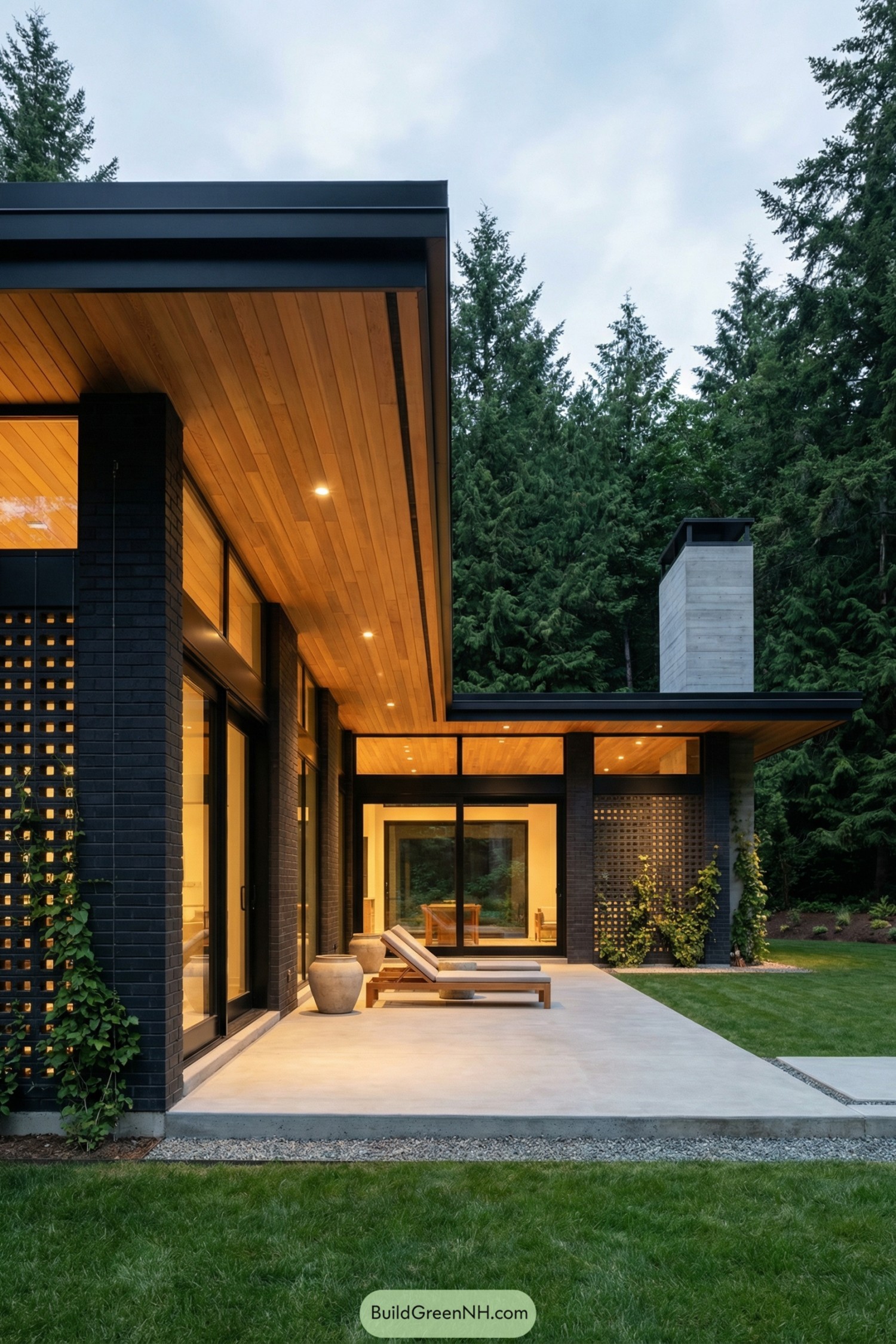 Modern brick patio with wood soffits and black-framed glass opening to a lawn amid evergreens