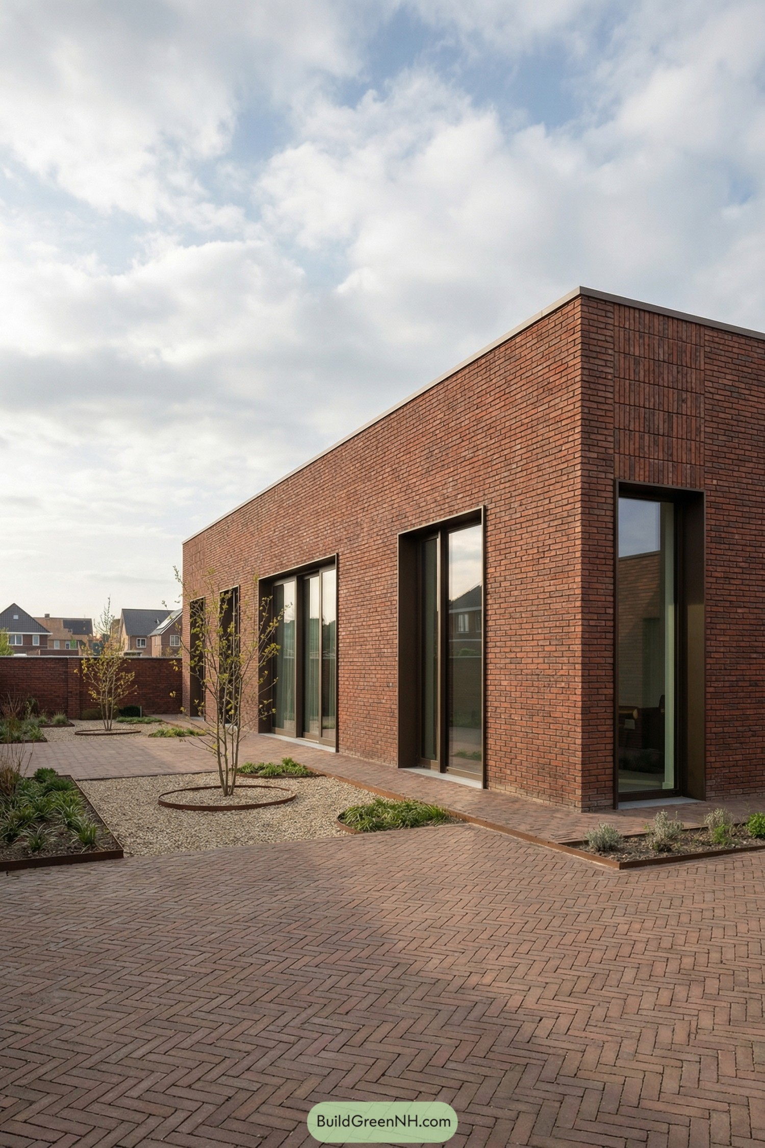 Single-story brick home with tall windows facing a minimalist courtyard