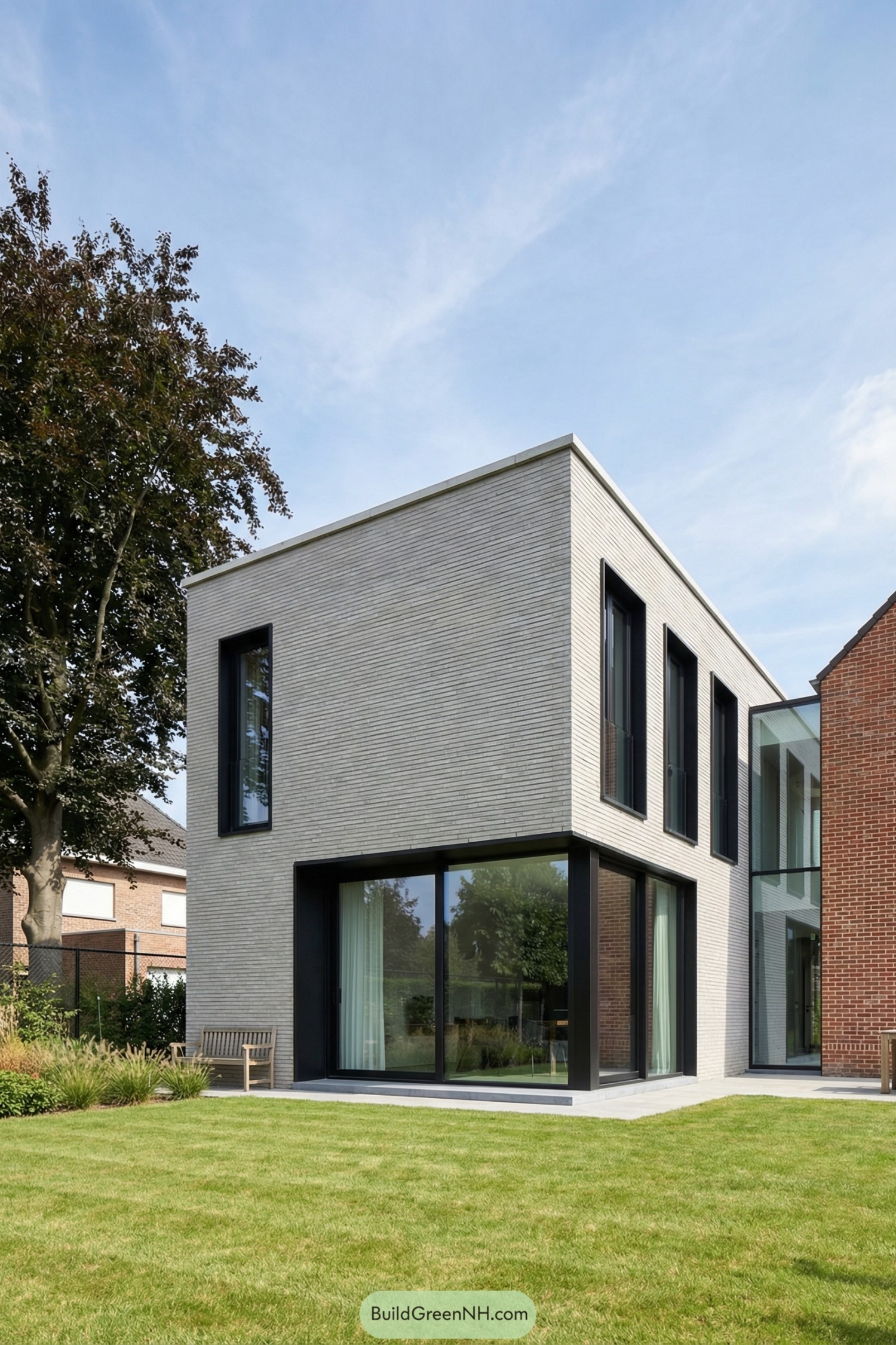 Two-story modern brick home with large black-framed windows