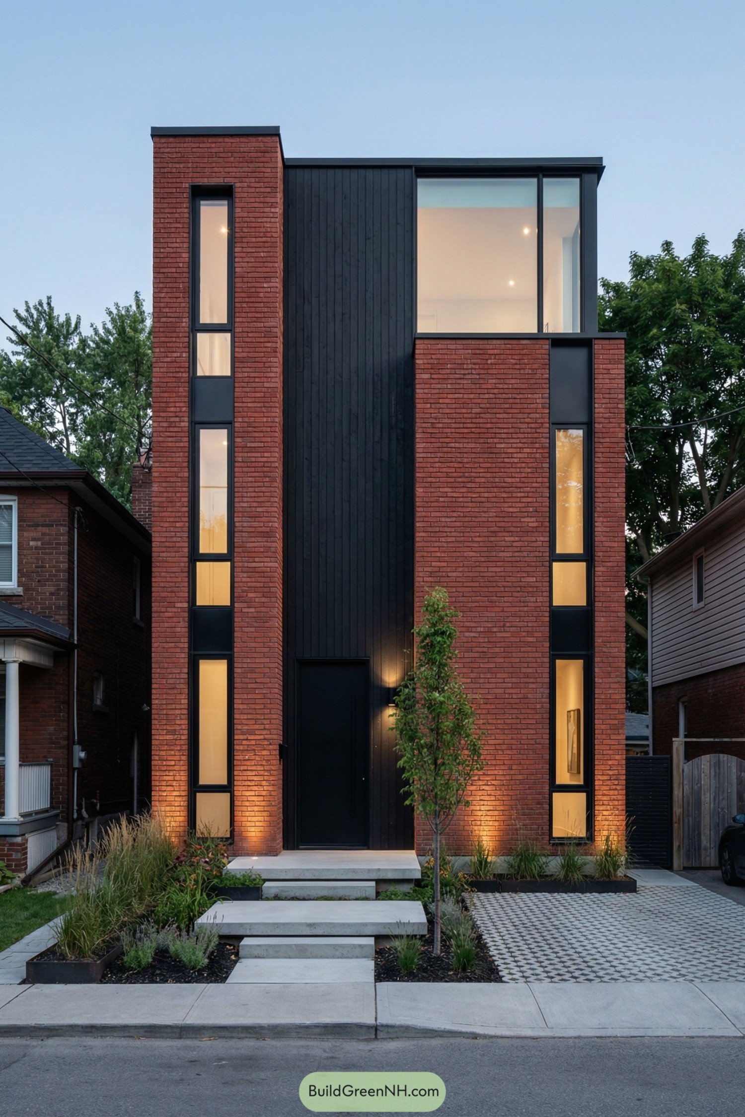 Tall red-brick townhouse with black vertical siding and narrow windows at dusk