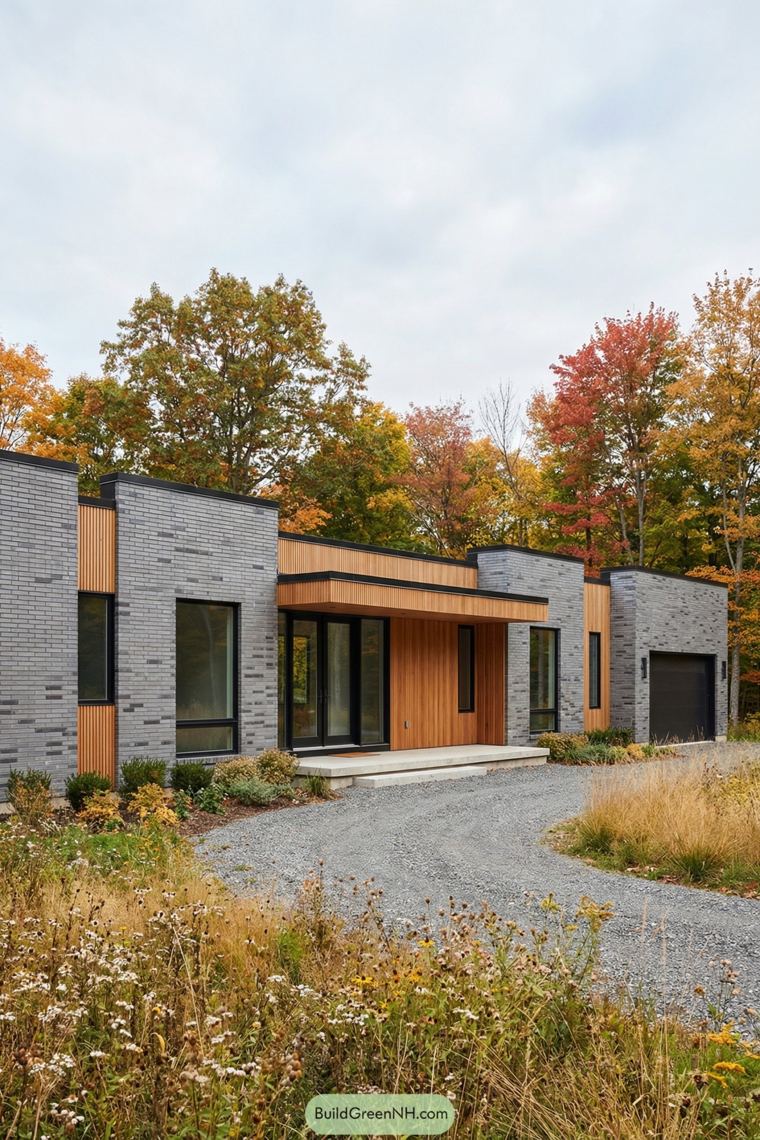 Flat gray-brick home with warm cedar accents and large black-framed windows