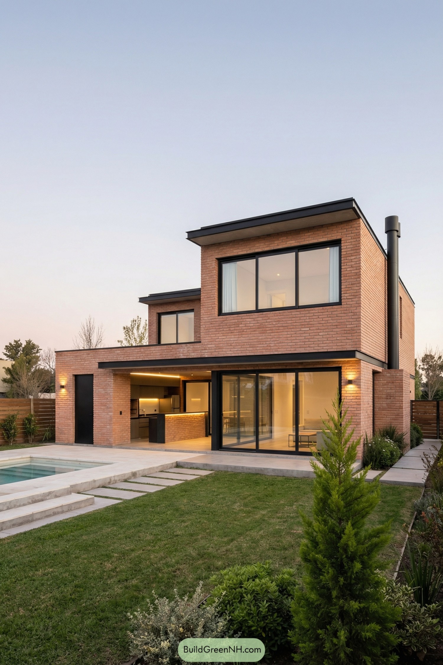 Two-story brick house with flat roofs and wide glass sliders opening to a patio and pool