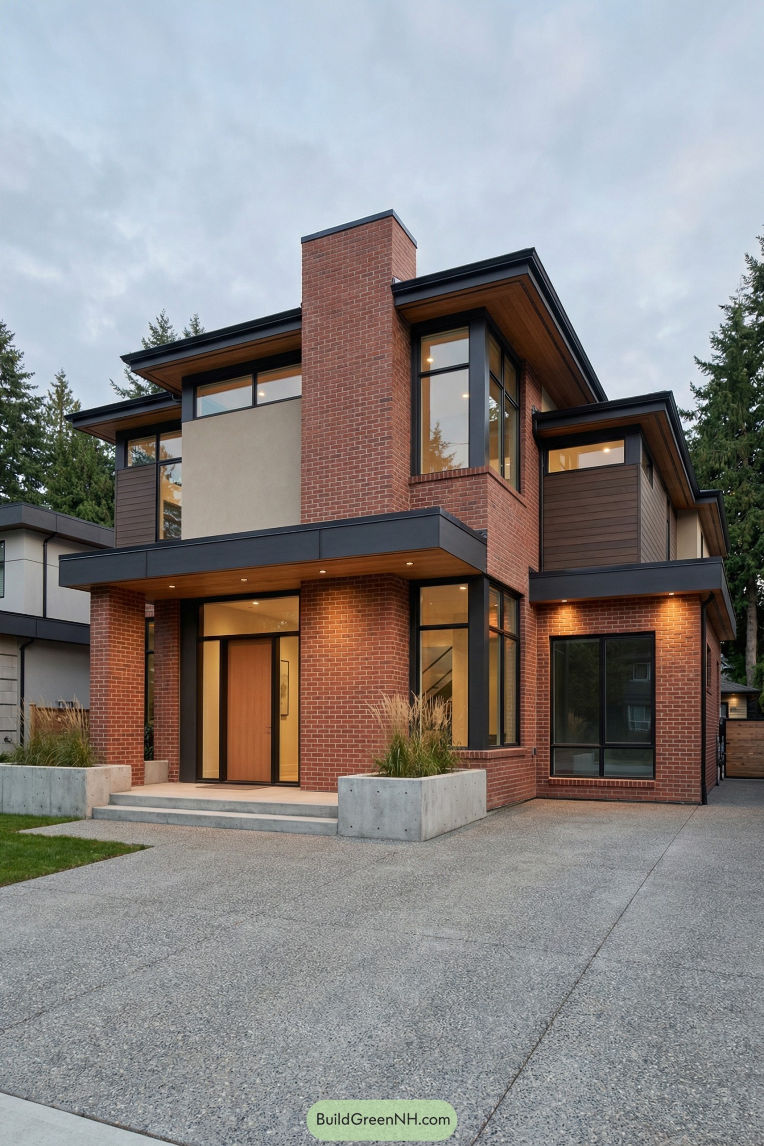Two-story modern brick house with large windows and flat rooflines at dusk