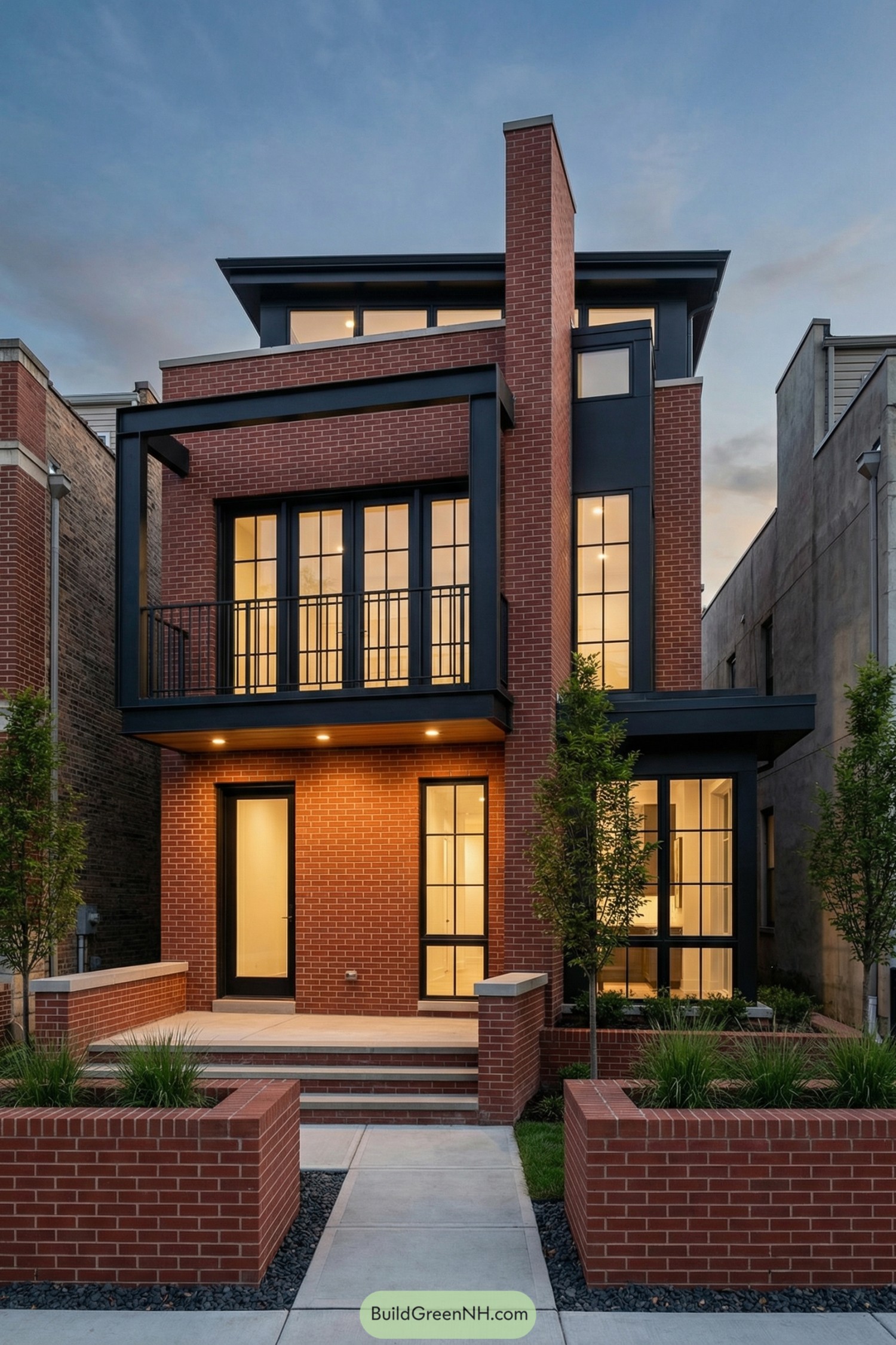 Modern brick townhouse with black steel frames and warm lighting