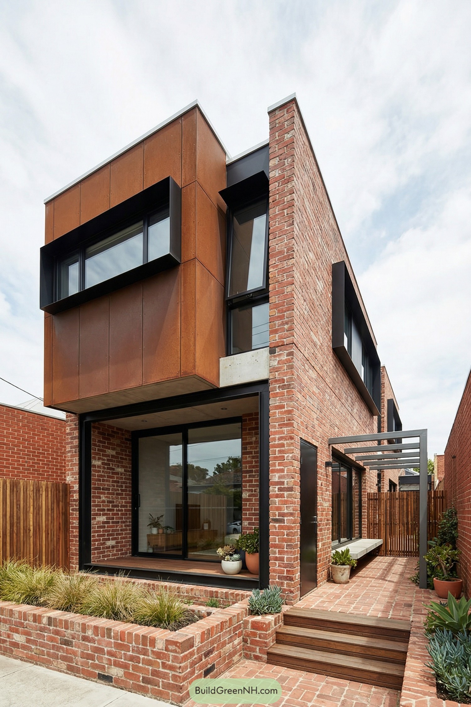Two-story brick home with corten accents and black-framed windows