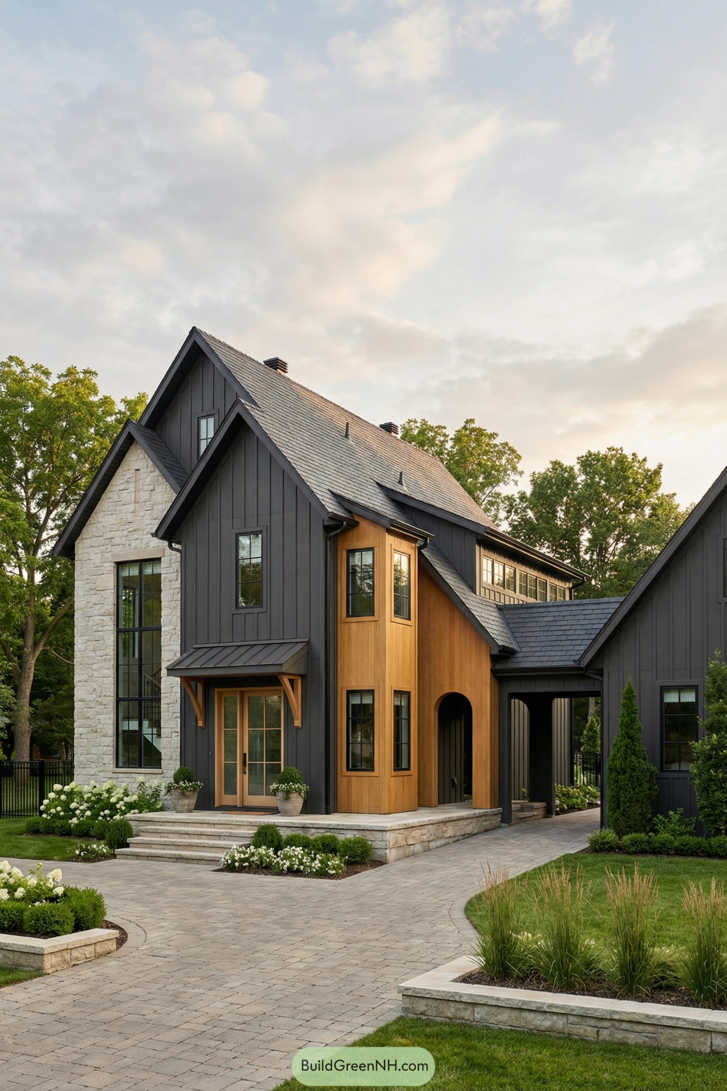 Modern dark cottage with wood accents