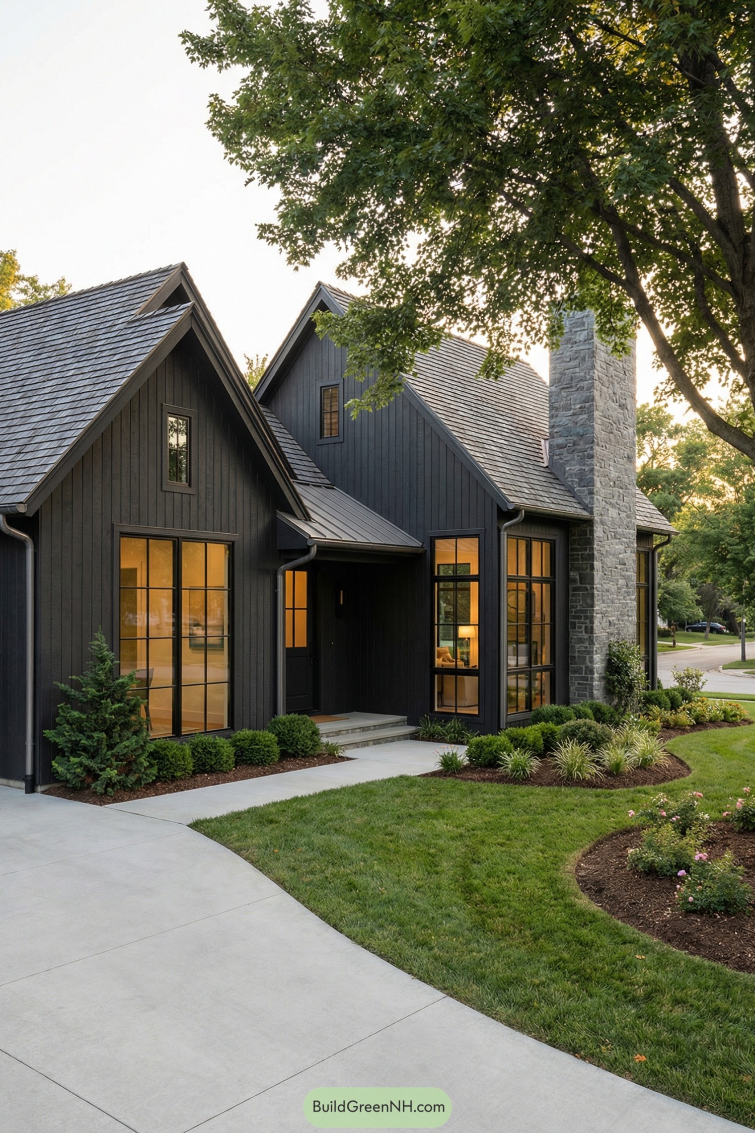 Dark cottage with tall gables and stone chimney