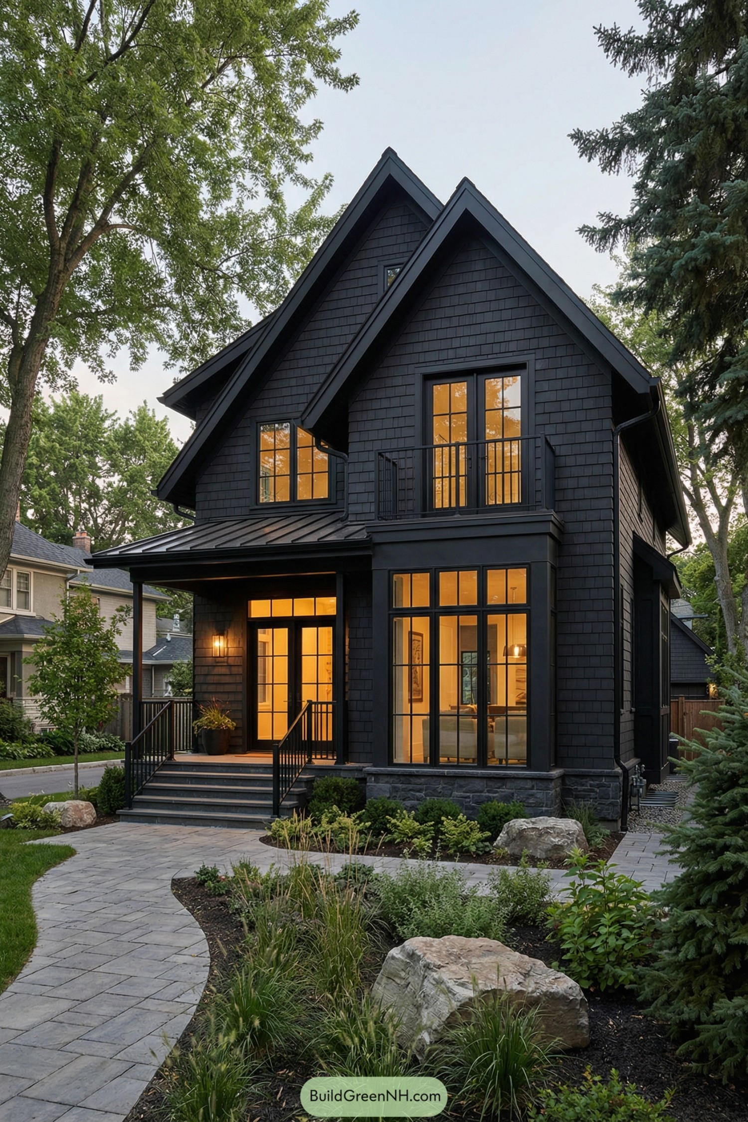 Dark shingle-clad cottage with glowing windows and steep gables amid lush landscaping