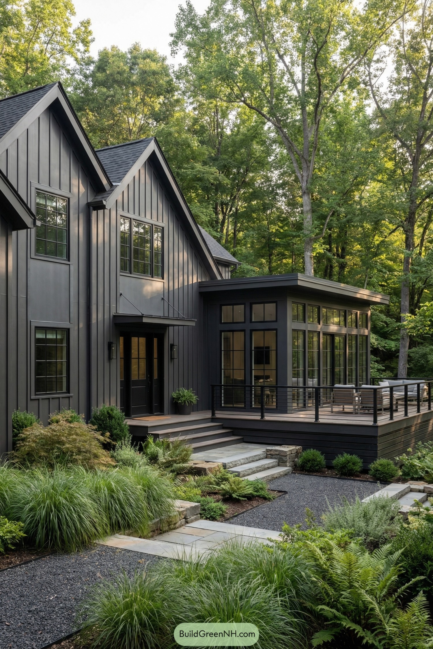 Dark charcoal cottage with gables and glass sunroom amid lush woodland landscaping