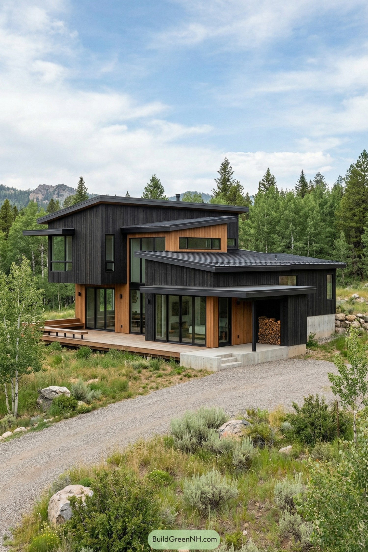 Blackened timber cottage with warm wood accents and layered shed roofs