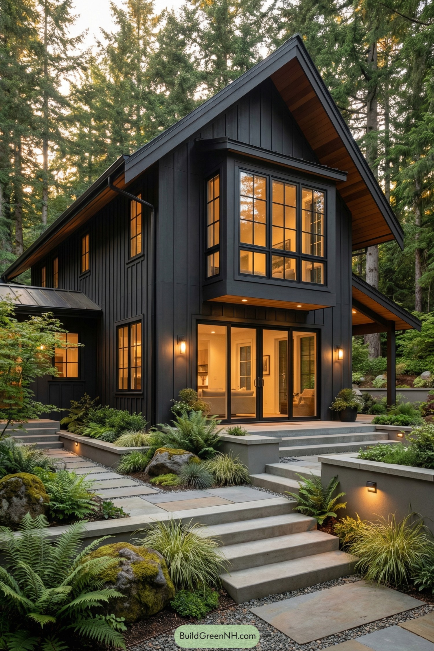 Dark gabled cottage with warm-lit windows amid lush ferns