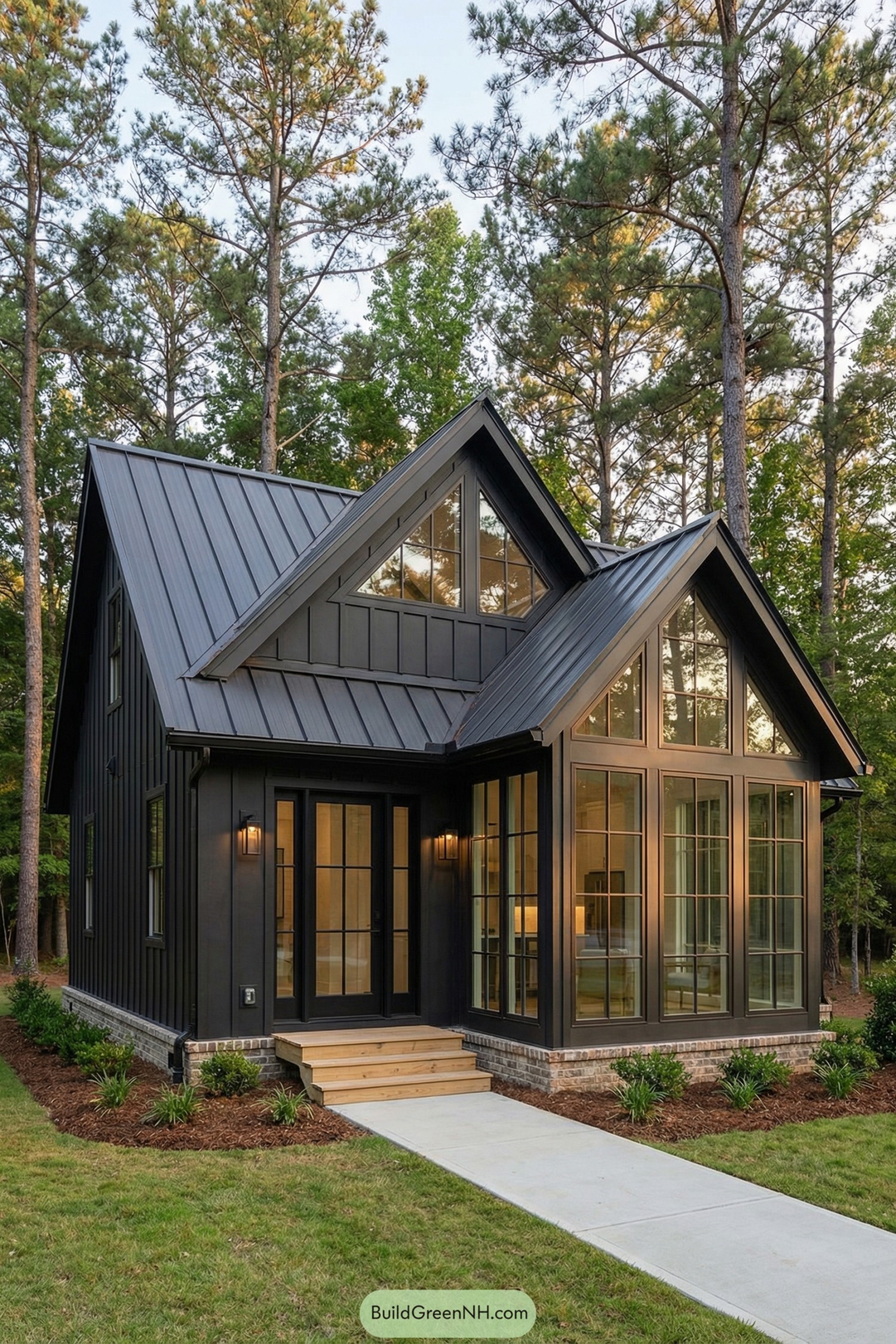 Dark cottage with tall glass gables and metal roof, surrounded by pine woods
