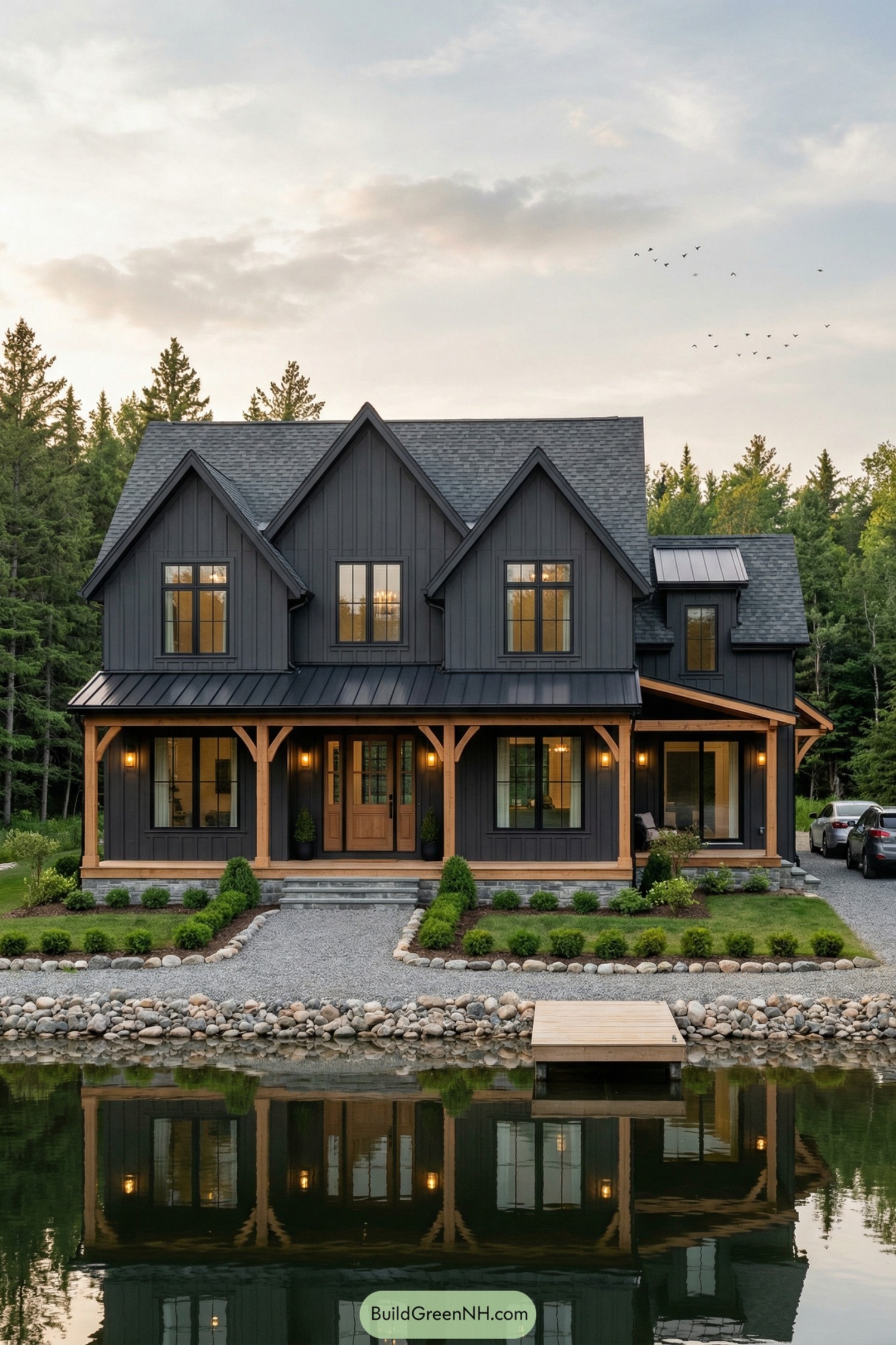 Dark board-and-batten cottage with warm timber porch by a calm lakeshore, reflecting in the water at dusk