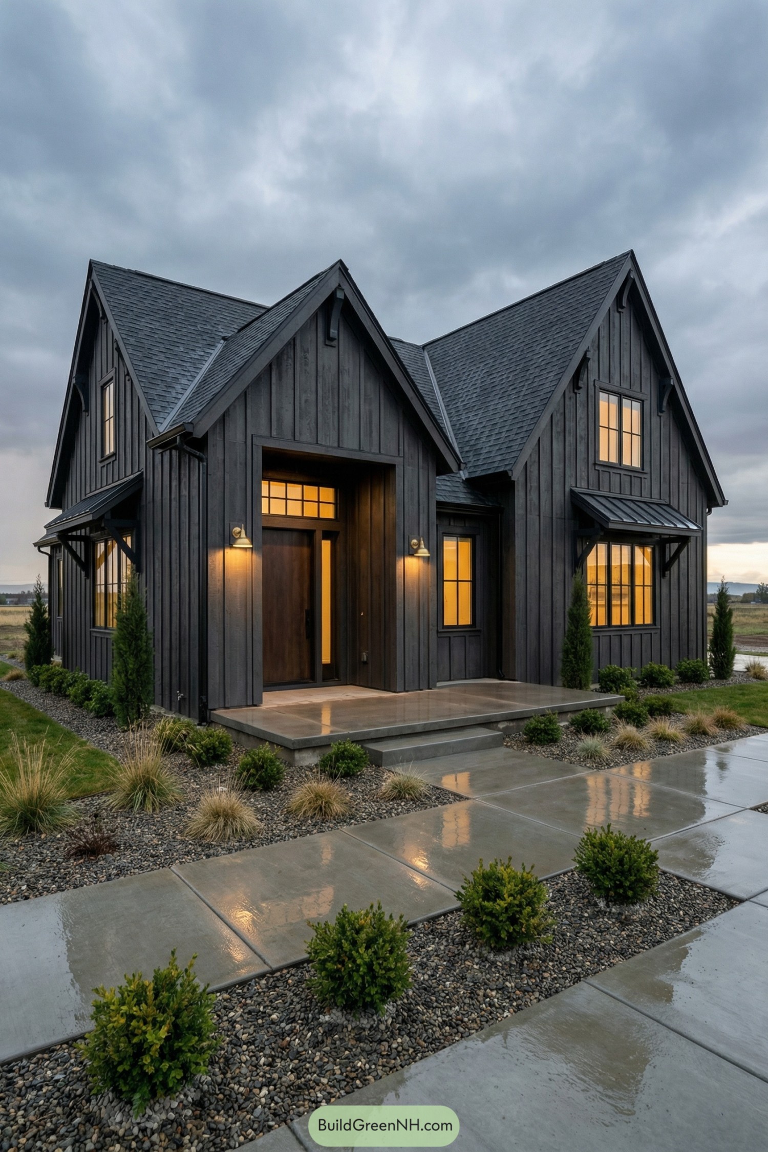 Dark timber cottage with warm-lit windows and simple gabled roofs