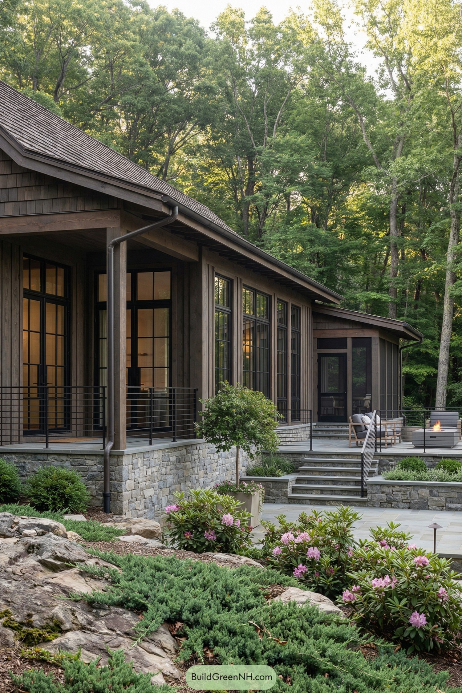 Dark timber cottage with tall black-framed windows and stone terrace in a lush forest setting
