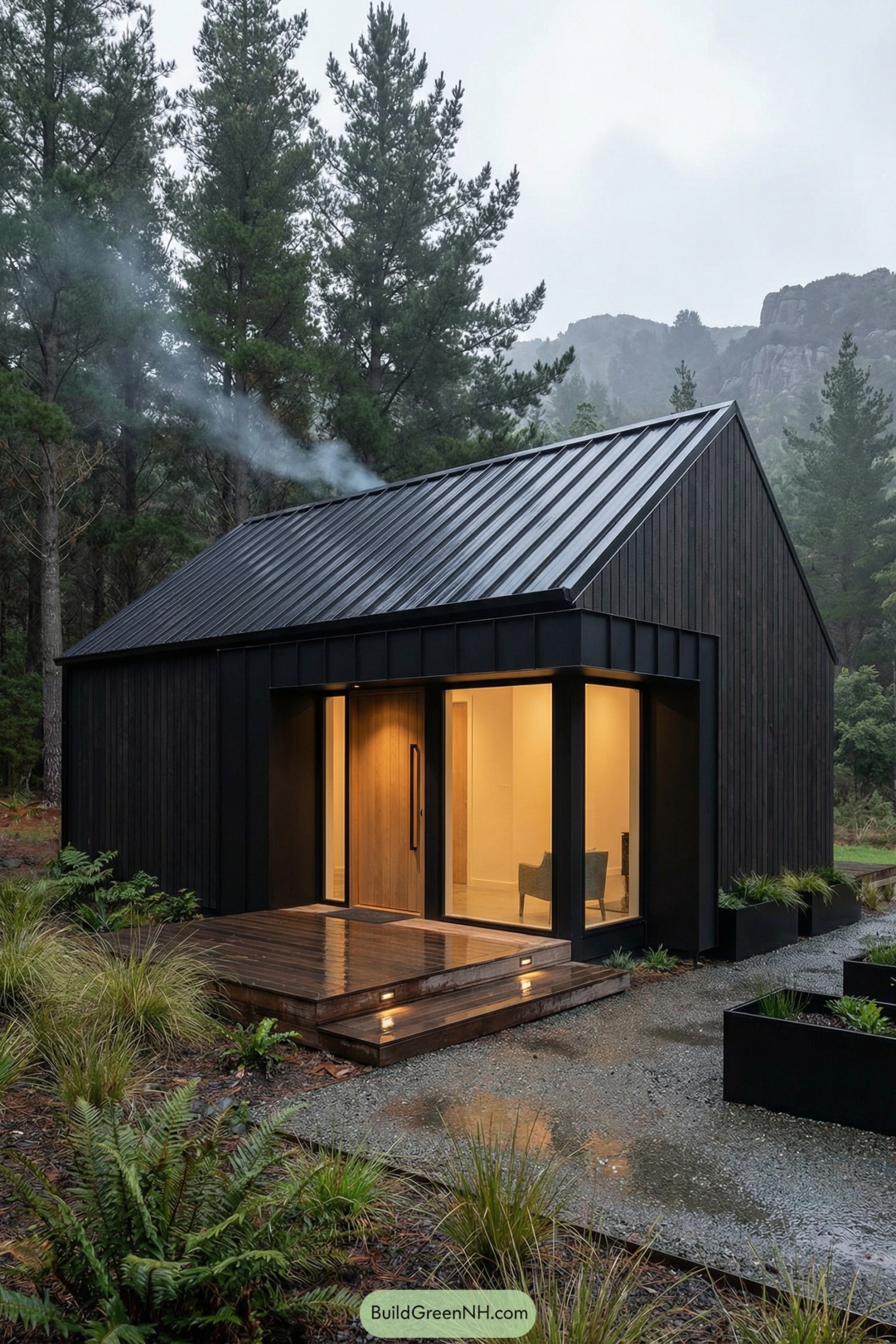 Small black-clad cabin with warm-lit entry
