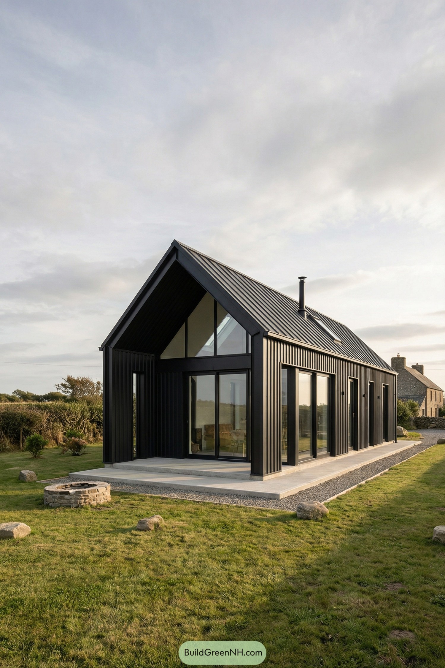 Dark metal-clad cottage with tall gable and glass