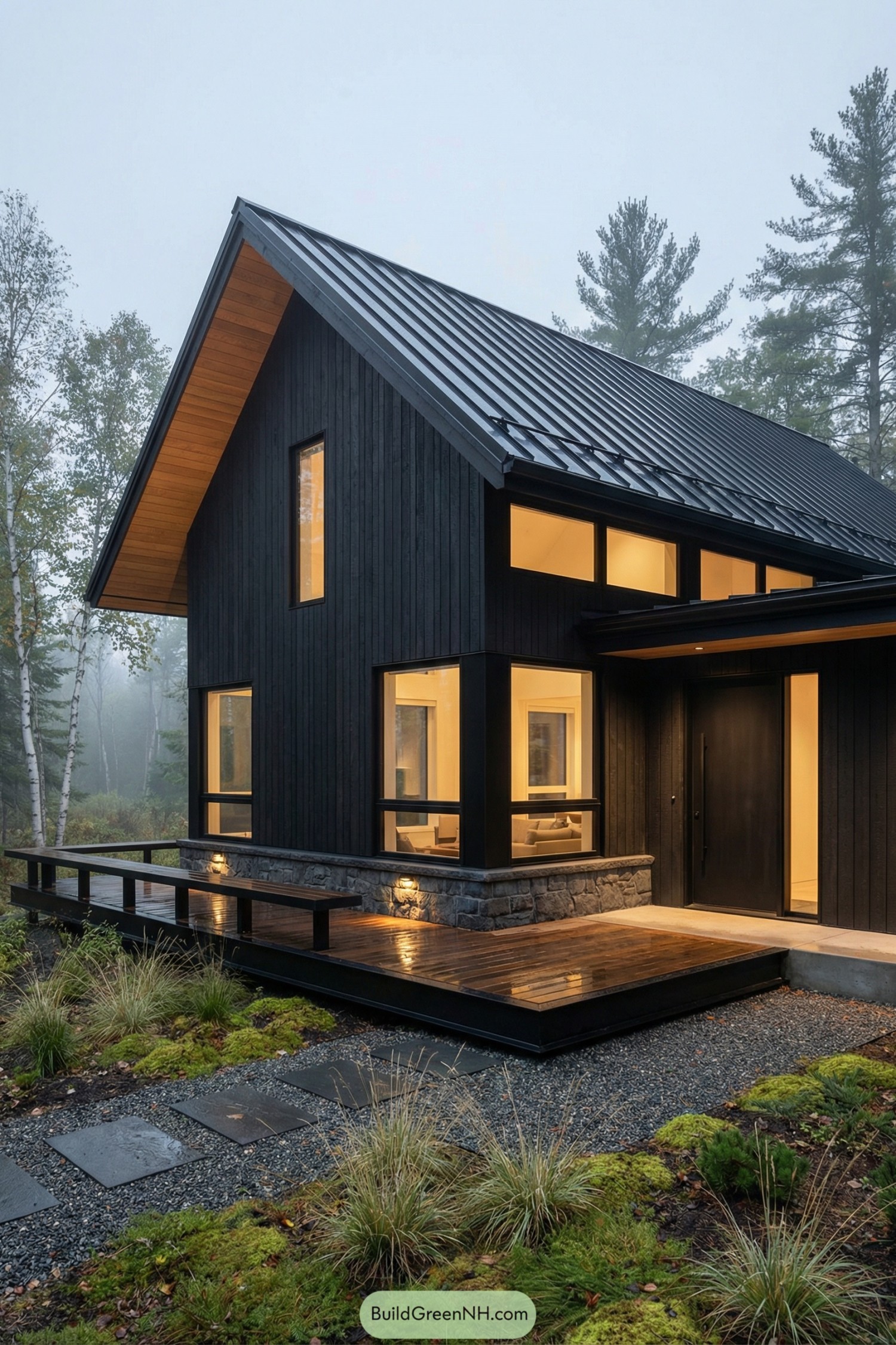 Dark timber cabin with metal gable roof and warm window glow