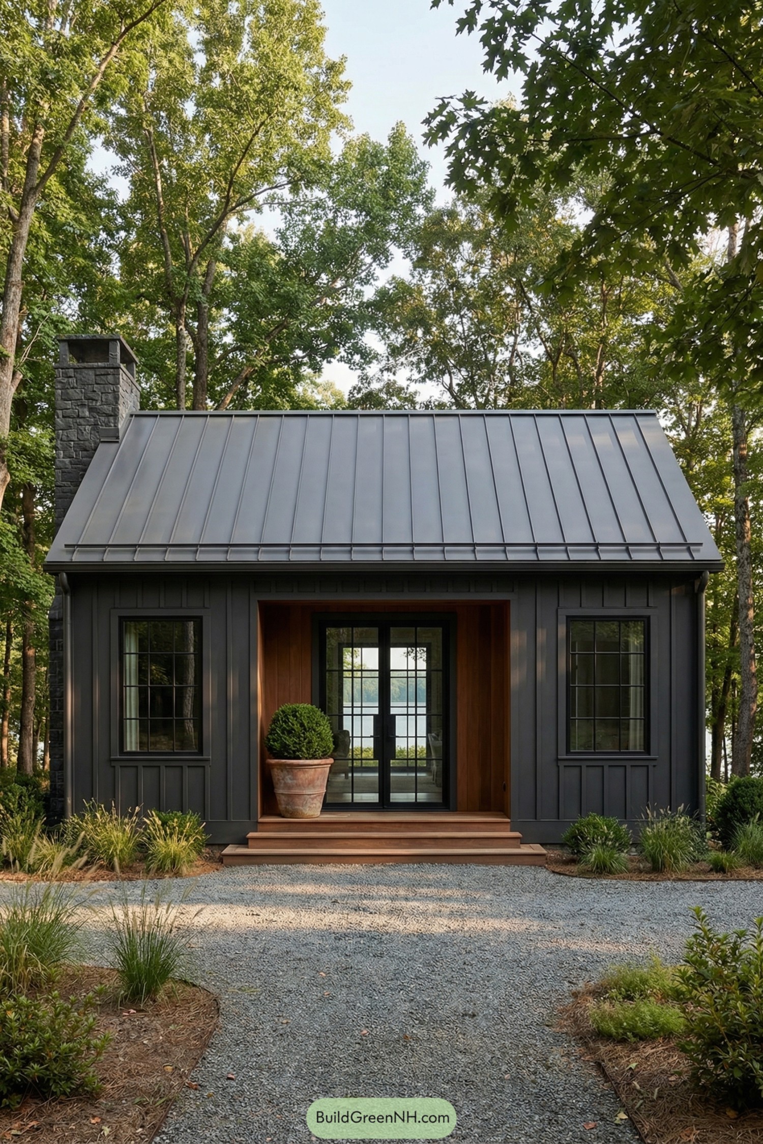Dark cottage with metal roof and warm wood entry