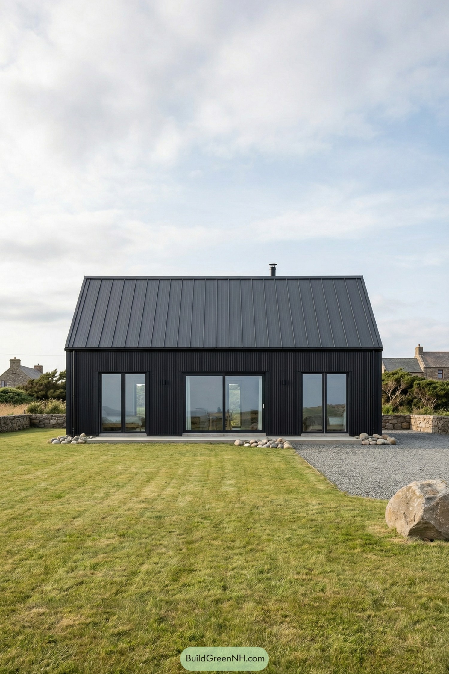 Black gabled cottage with glass sliders