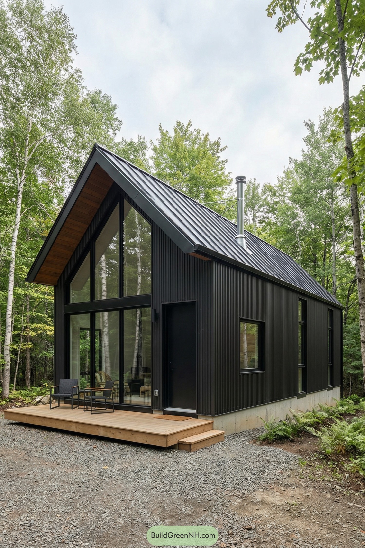 Black metal-clad A-frame cottage with tall windows and small wood deck amid forest