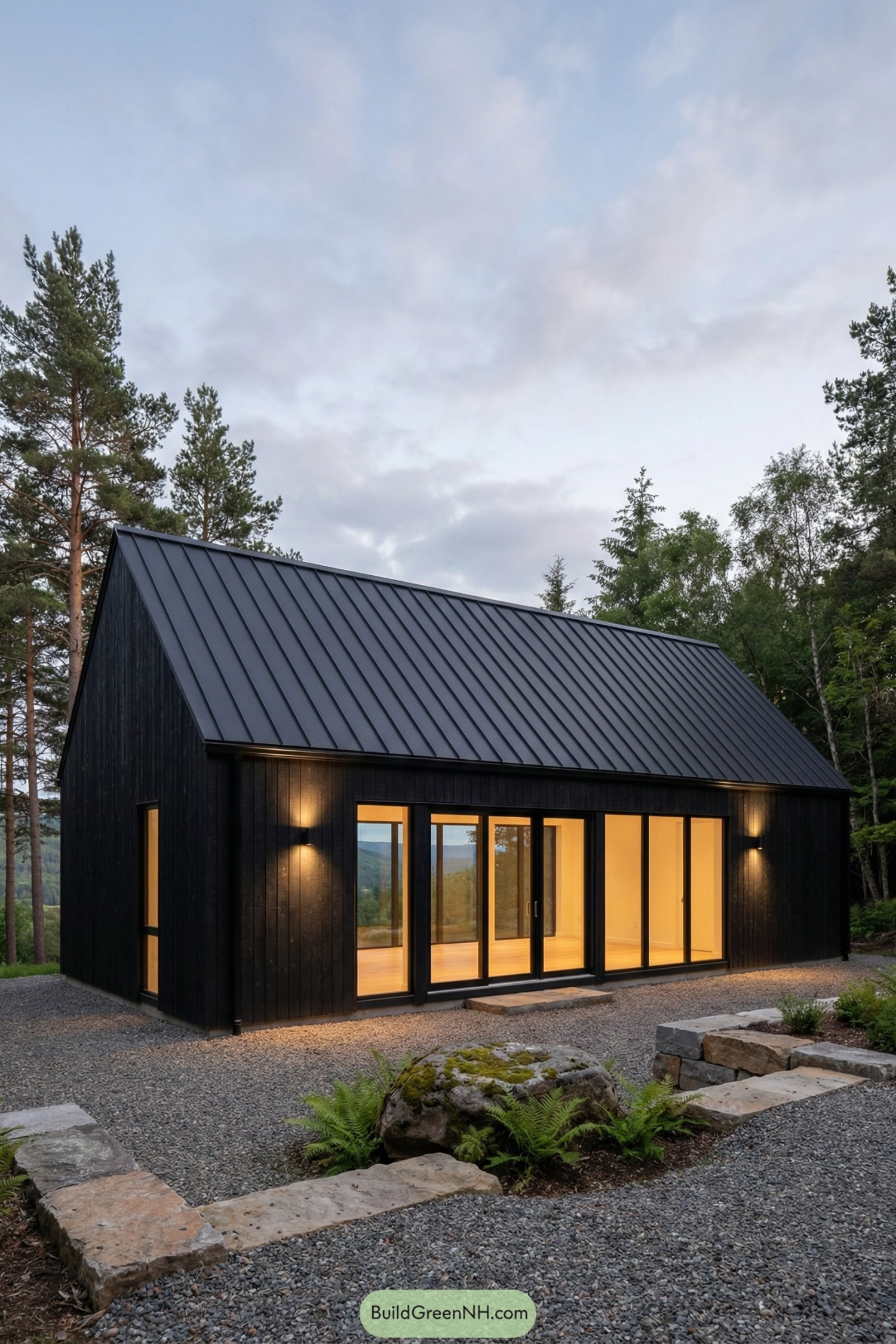 Black gabled cottage with glowing windows at dusk