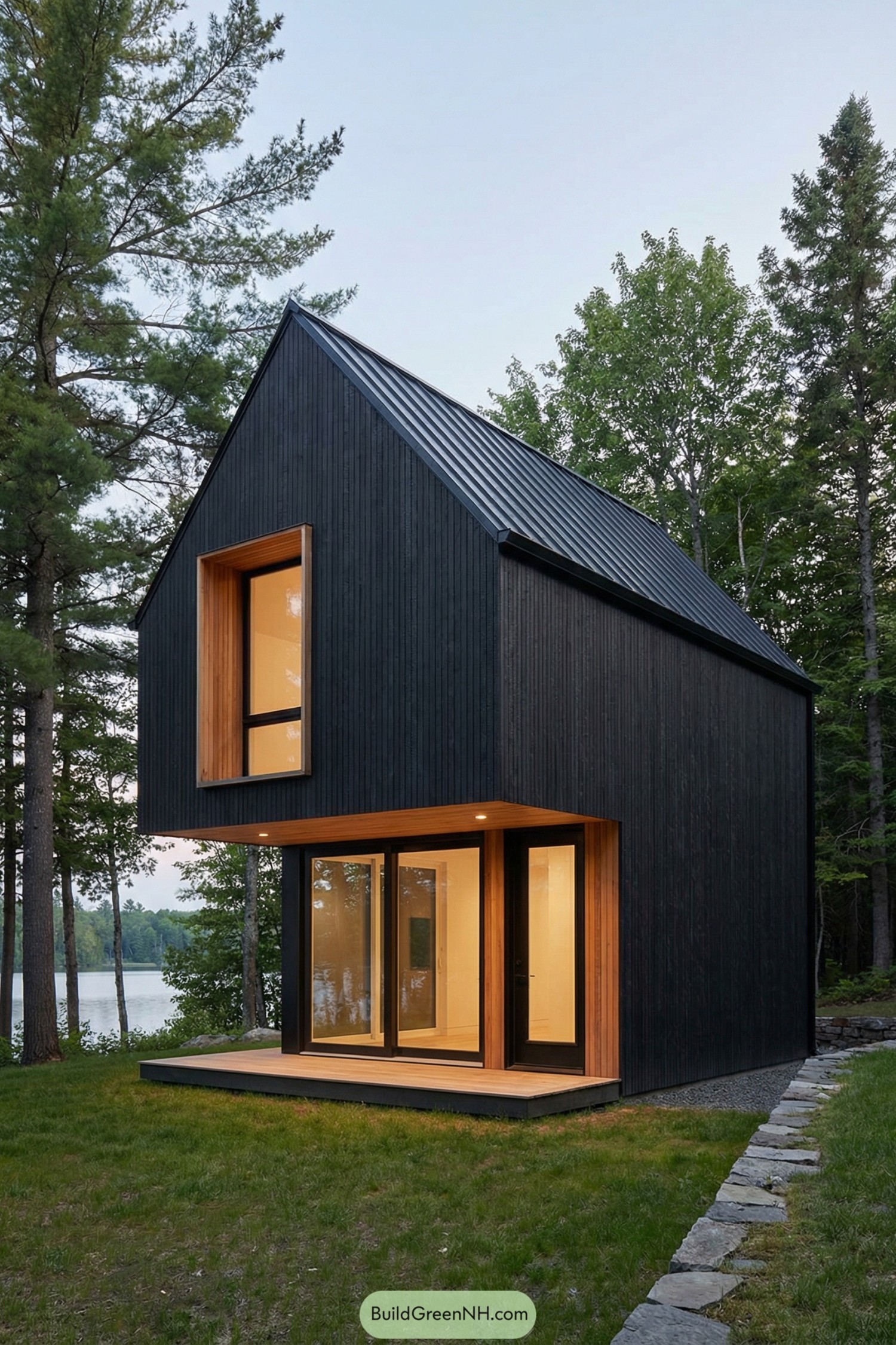 Dark wood-clad cottage with warm window frames by a lakeside clearing