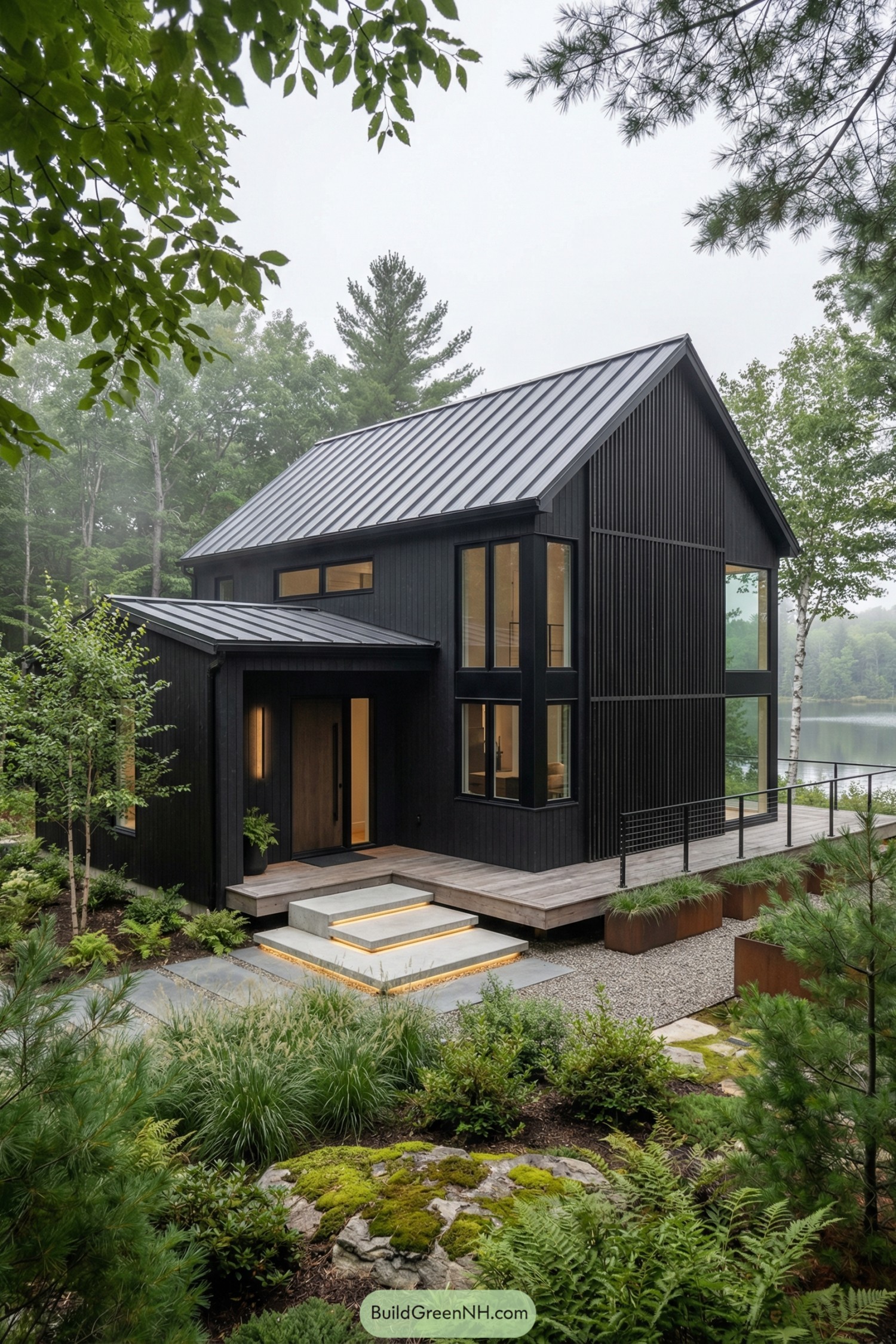 Dark wood-clad cottage with tall windows and metal roof beside a lake