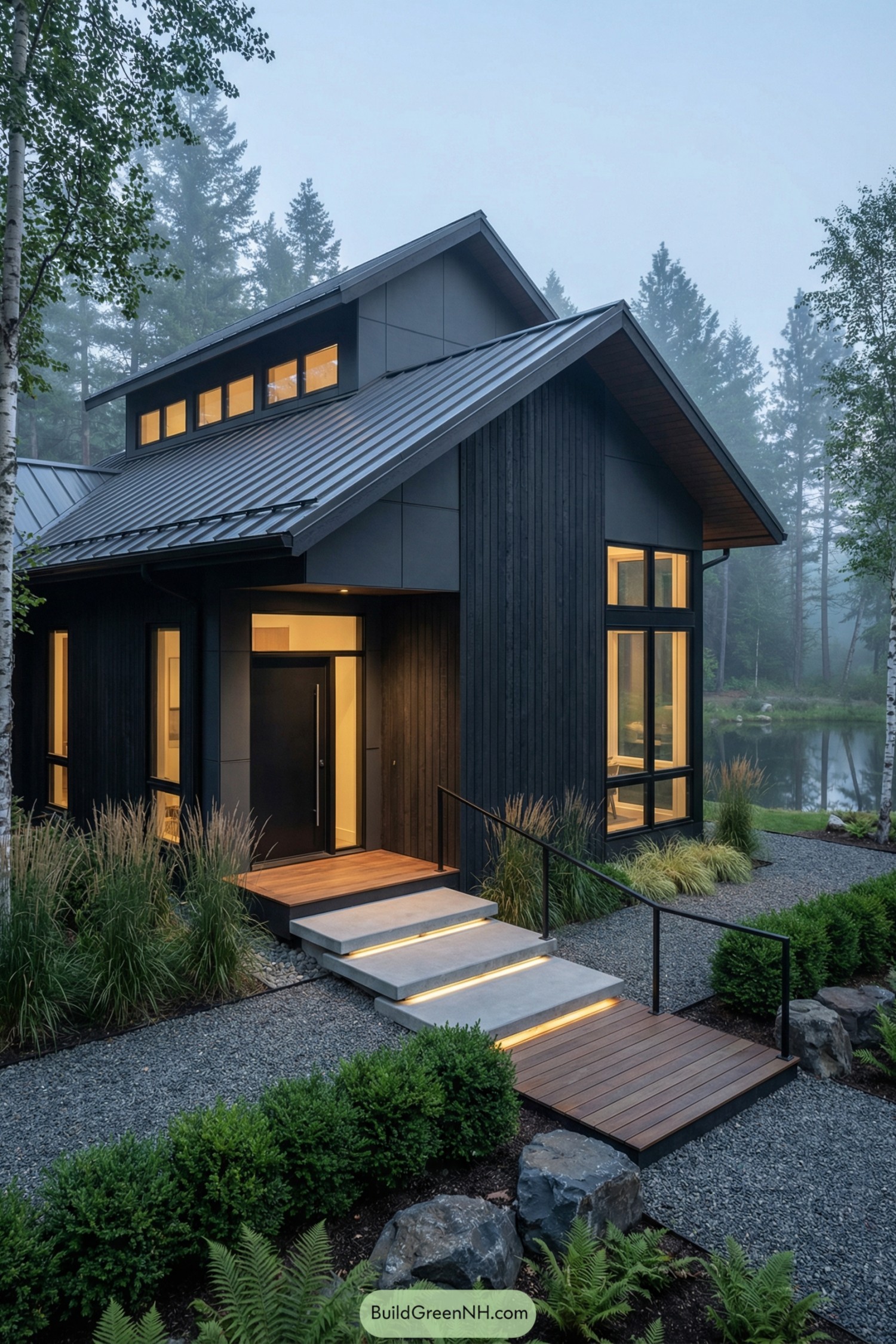 Dark cottage with warm lit windows and metal roof by a forest pond