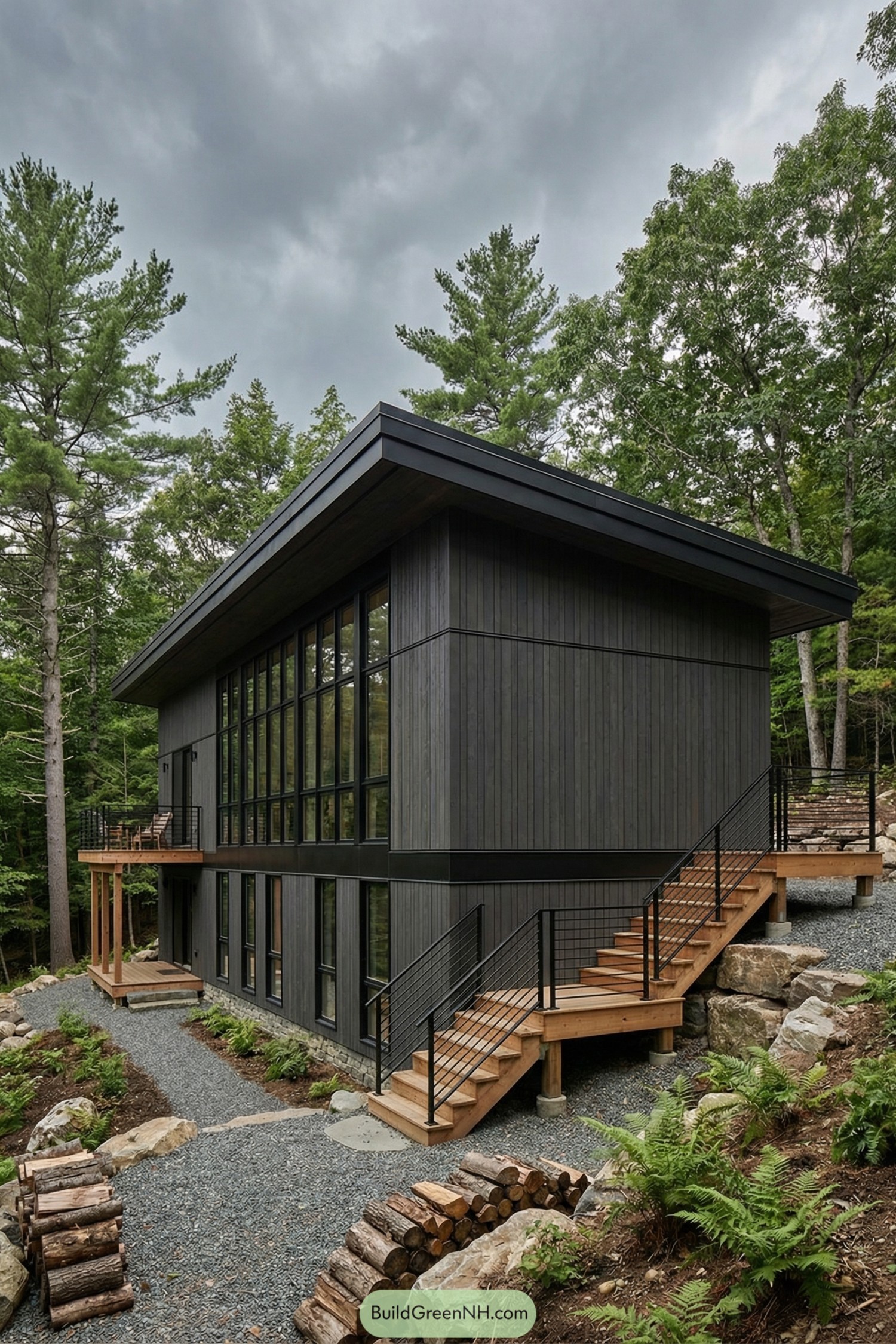 Dark wood cottage with tall window wall and sloped roof on a wooded hillside