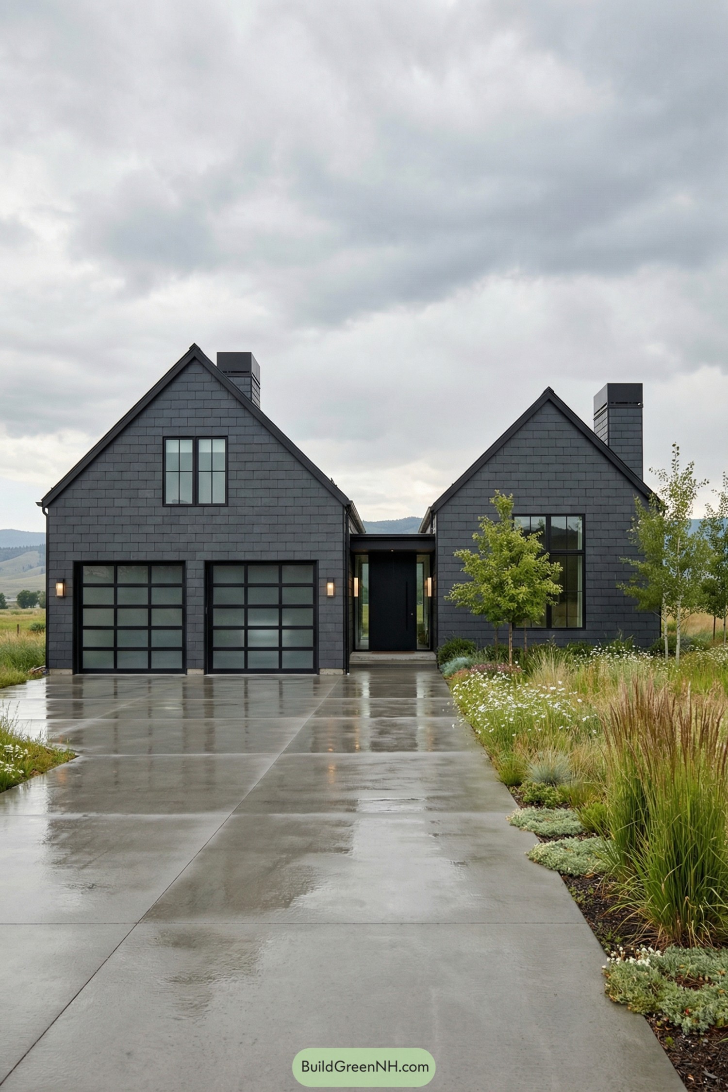Dark gabled cottage with glass garage doors and sleek black shingle cladding, framed by native meadow landscaping