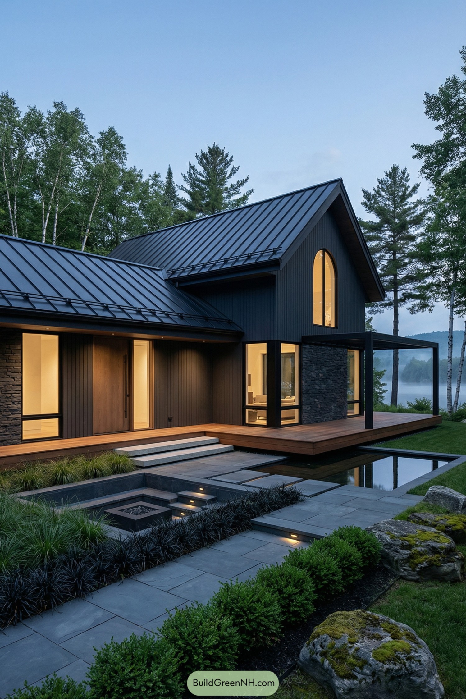 Dark gabled cottage with wood deck and reflecting pool at dusk