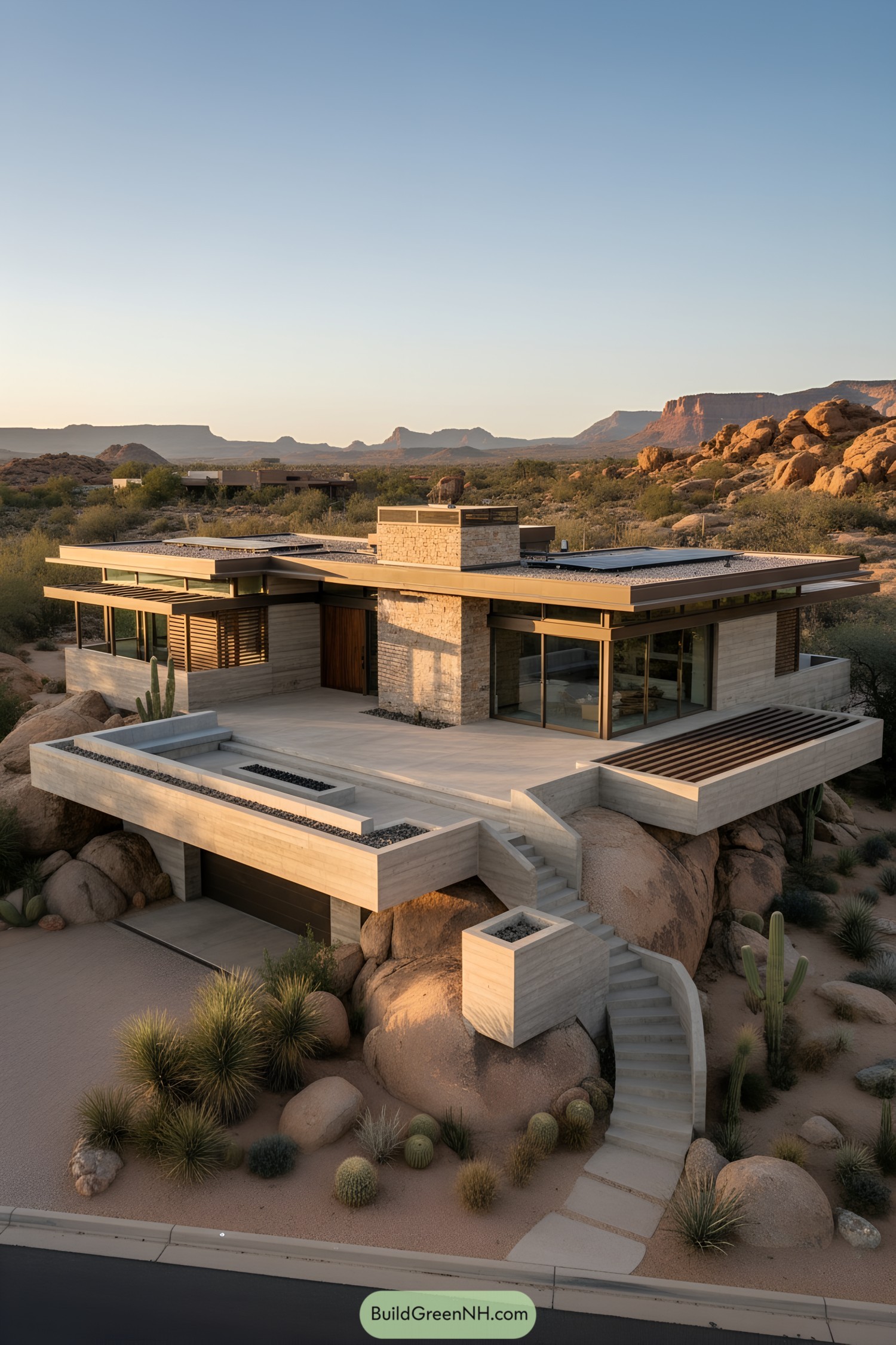 Modern desert home with layered terraces and stone