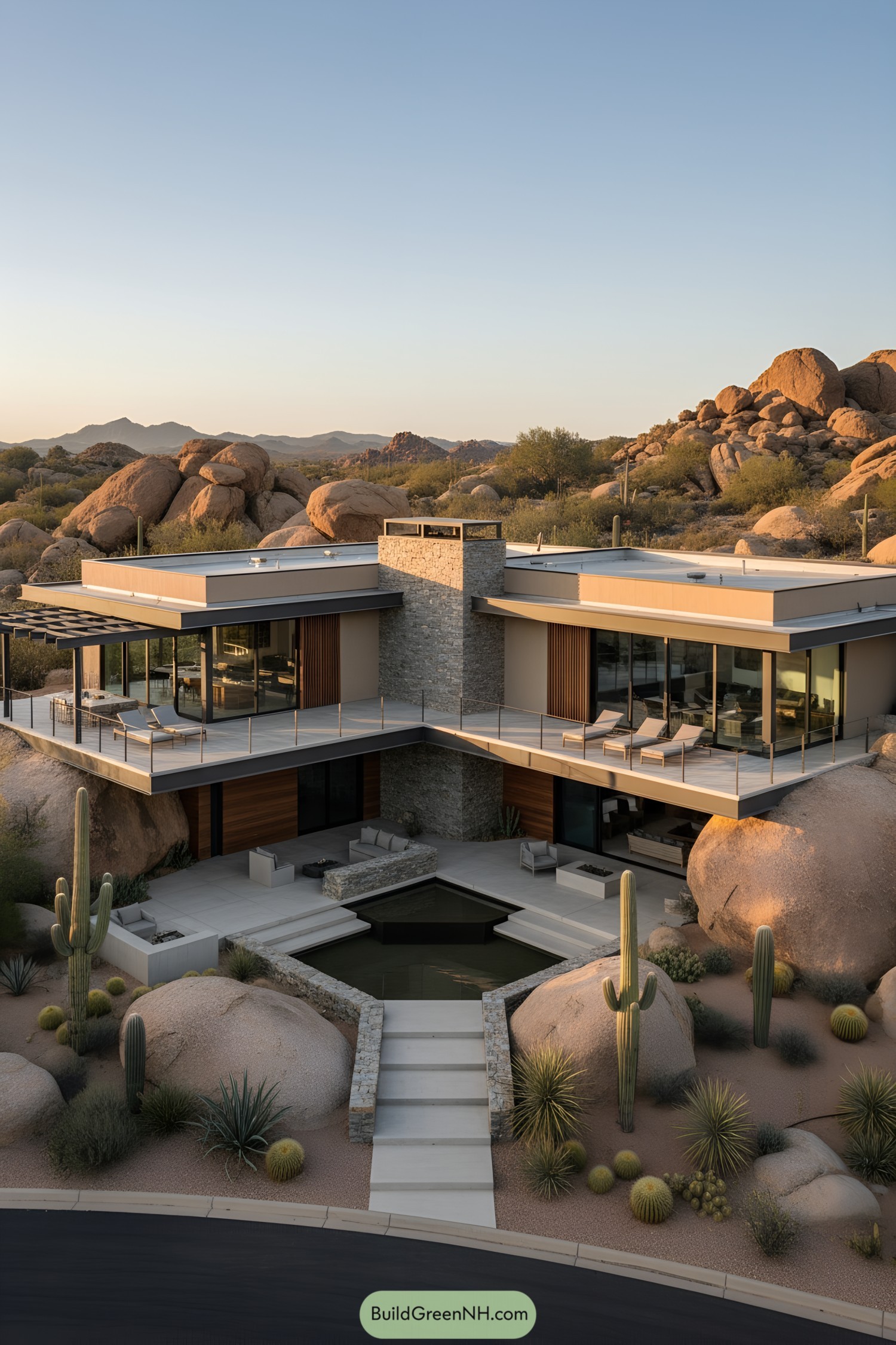 Modern desert house nestled among boulders
