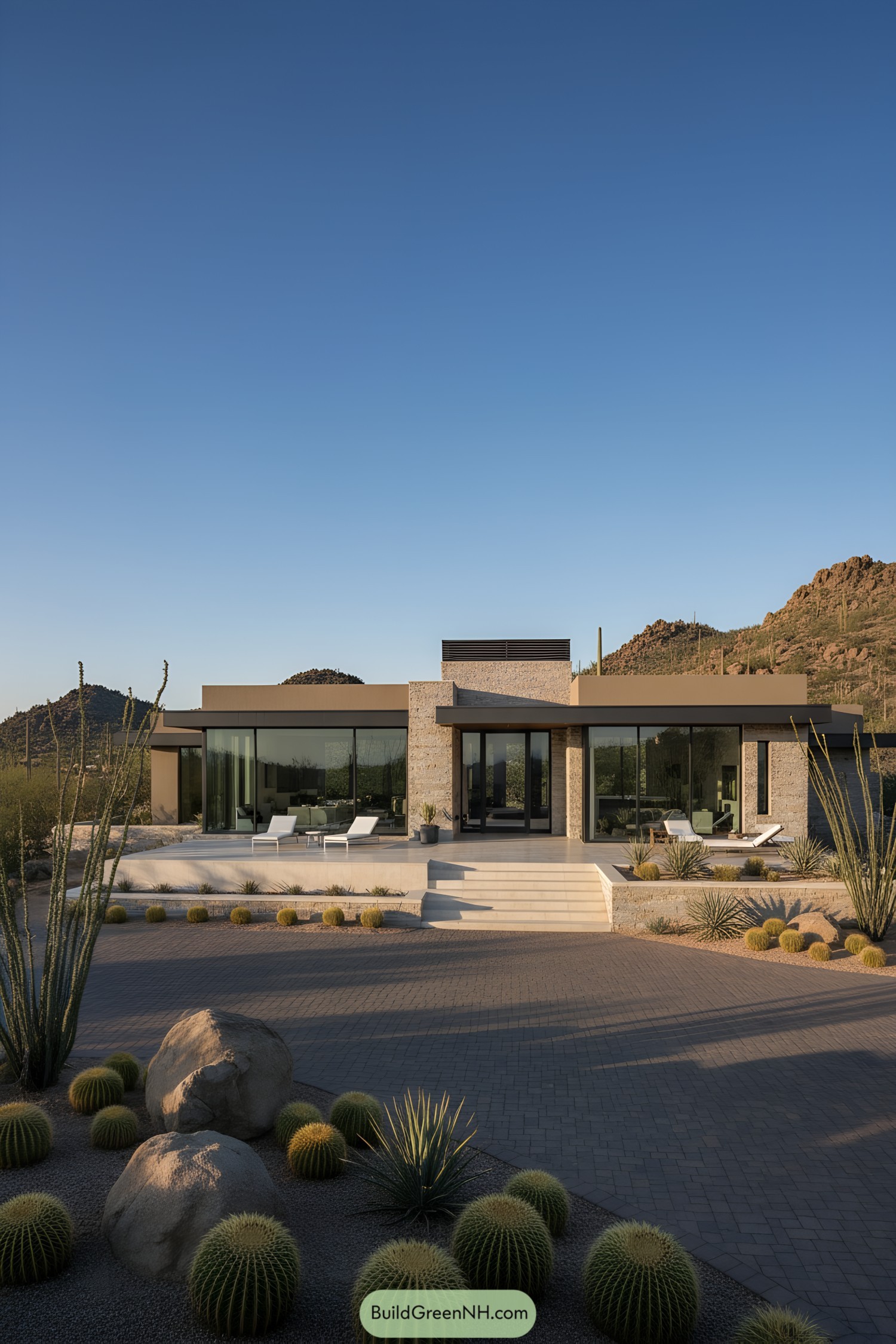 Modern desert home with glass, stone, and cacti