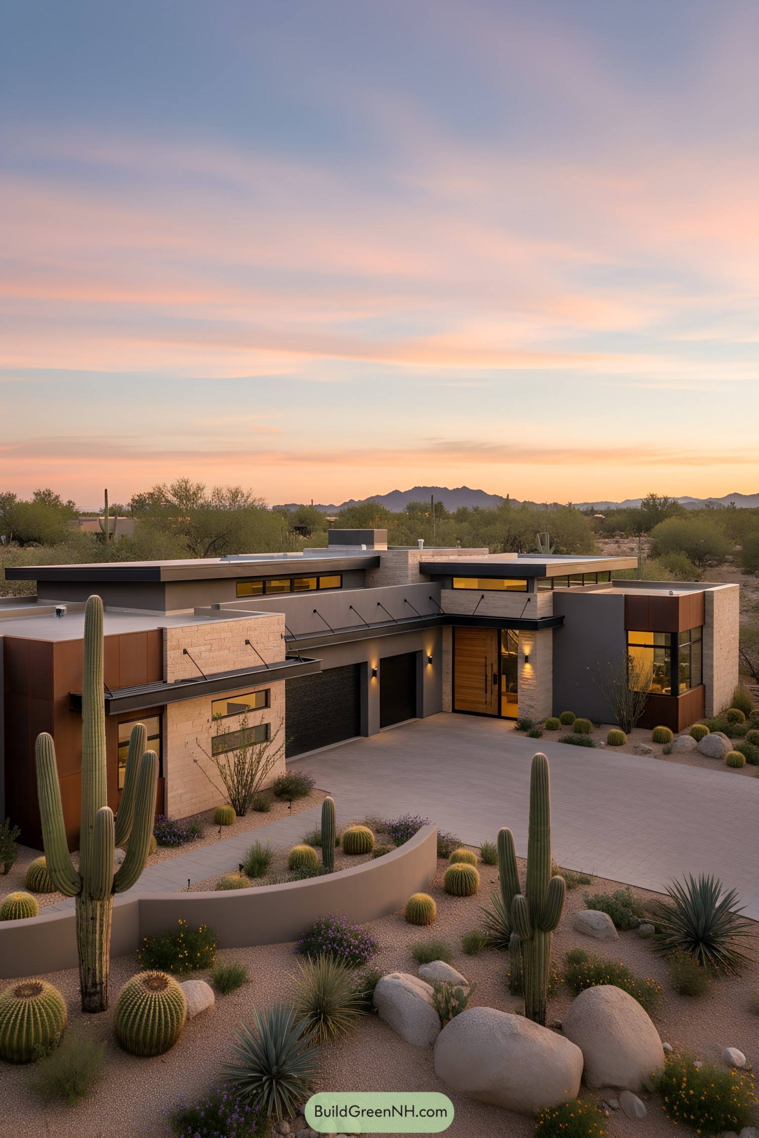 Modern desert home with low, layered volumes and cactus landscaping at sunset