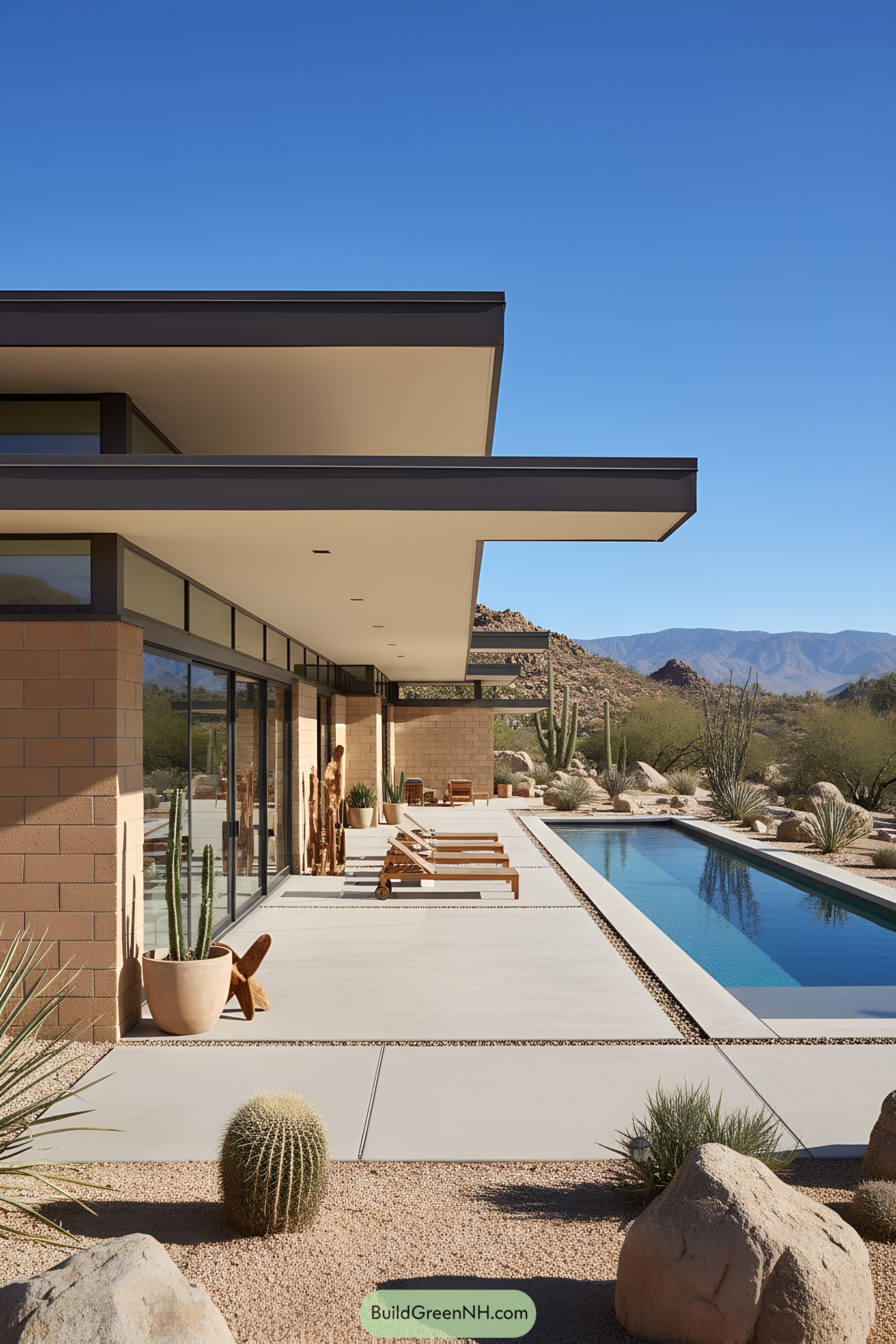 Long overhang modern desert house with lap pool and cacti