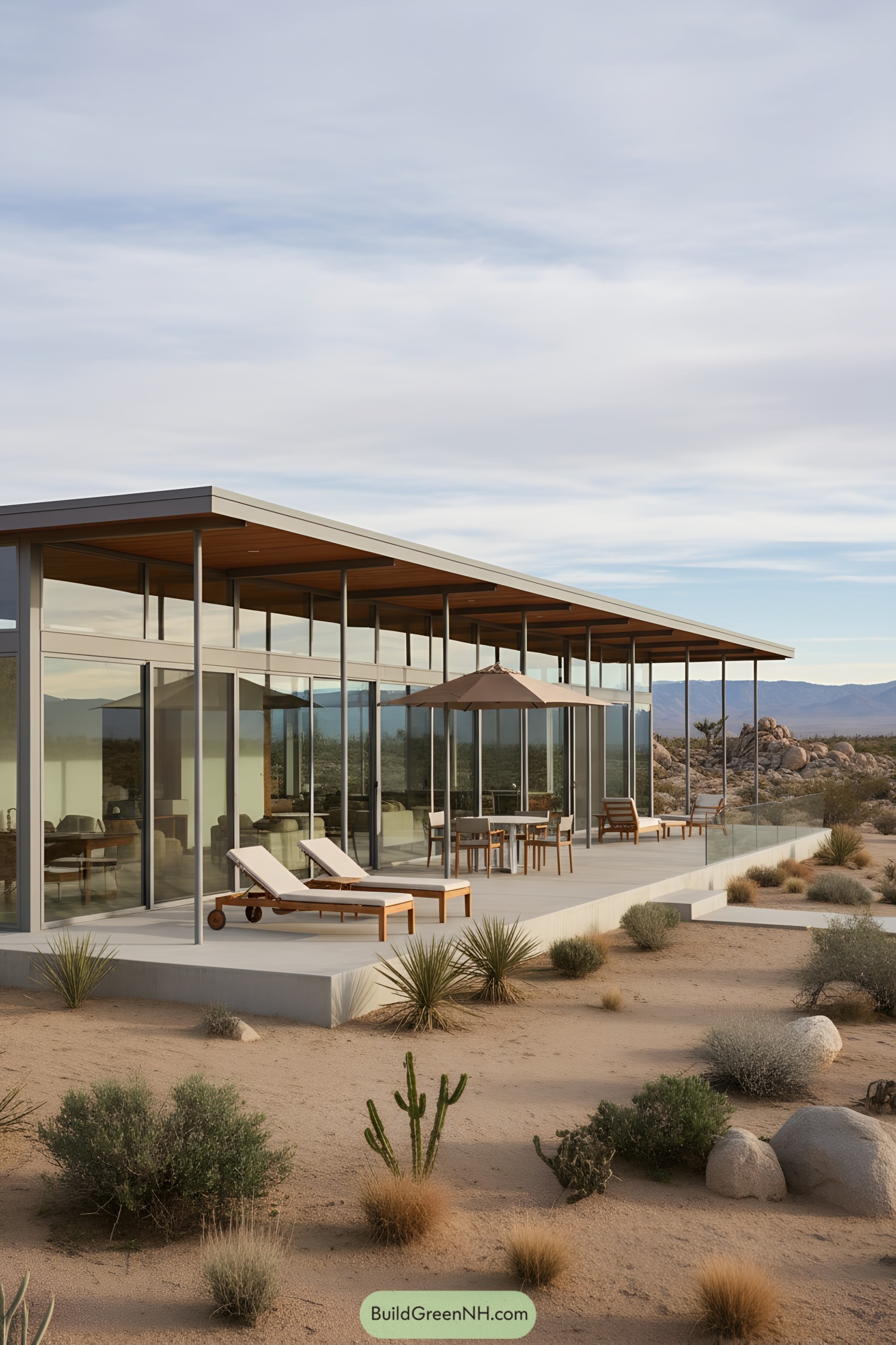 Glass-walled modern desert home with deep roof overhang and linear terrace