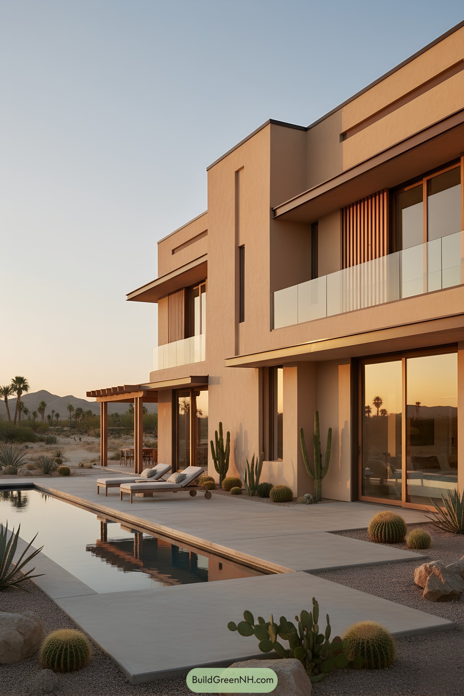Modern desert home with pool, cacti, and broad overhangs at sunset