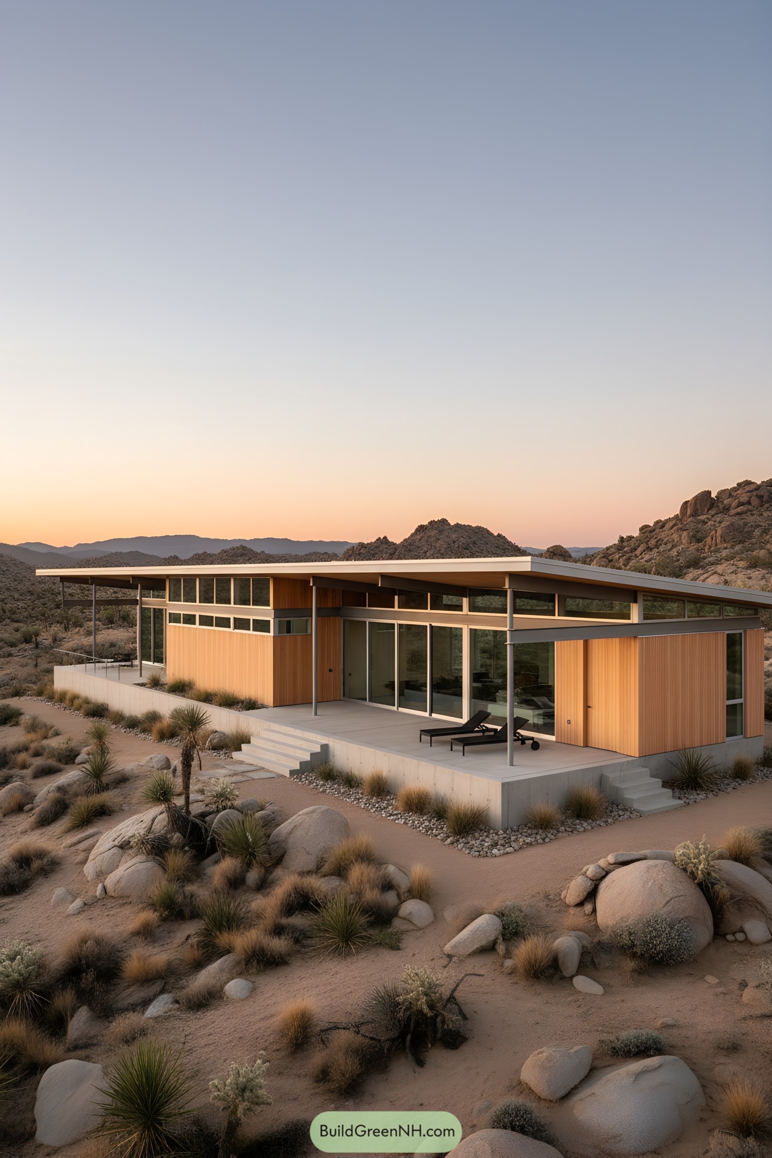 Low modern desert house with long overhang, glass walls, and wood cladding among boulders at dusk