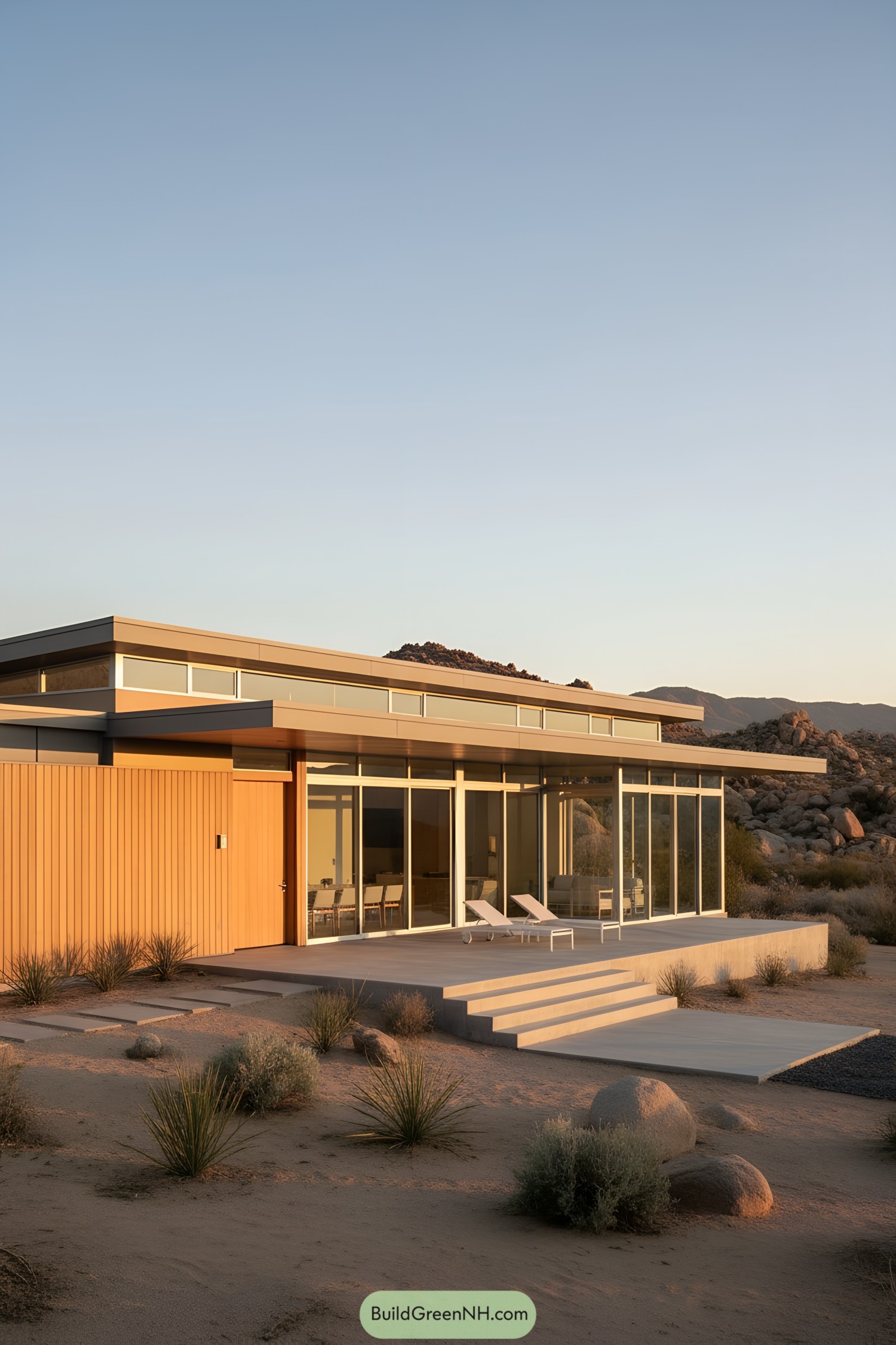 Low glass-walled modern house with deep overhangs set in a rocky desert