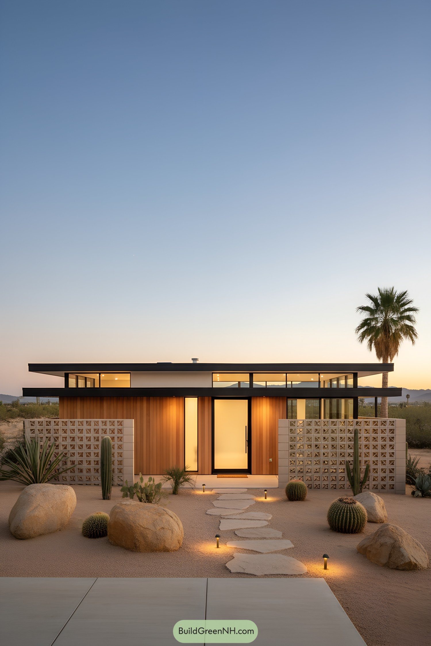 Modern desert house with wood, glass, and breeze-block screens at dusk